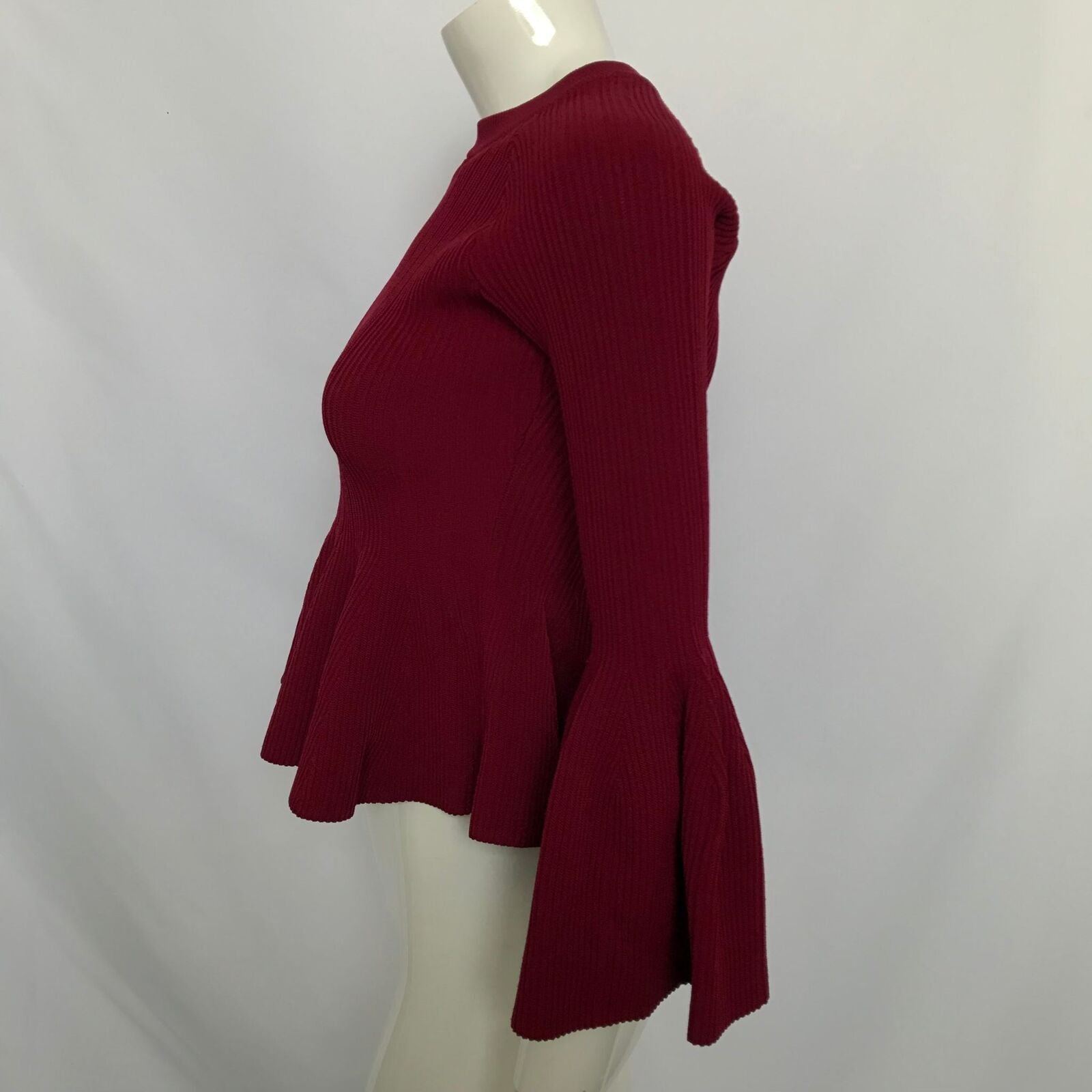 Jonathan Simkhai Bell Sleeve Peplum Top Cabernet Ribbed Knit Sz S