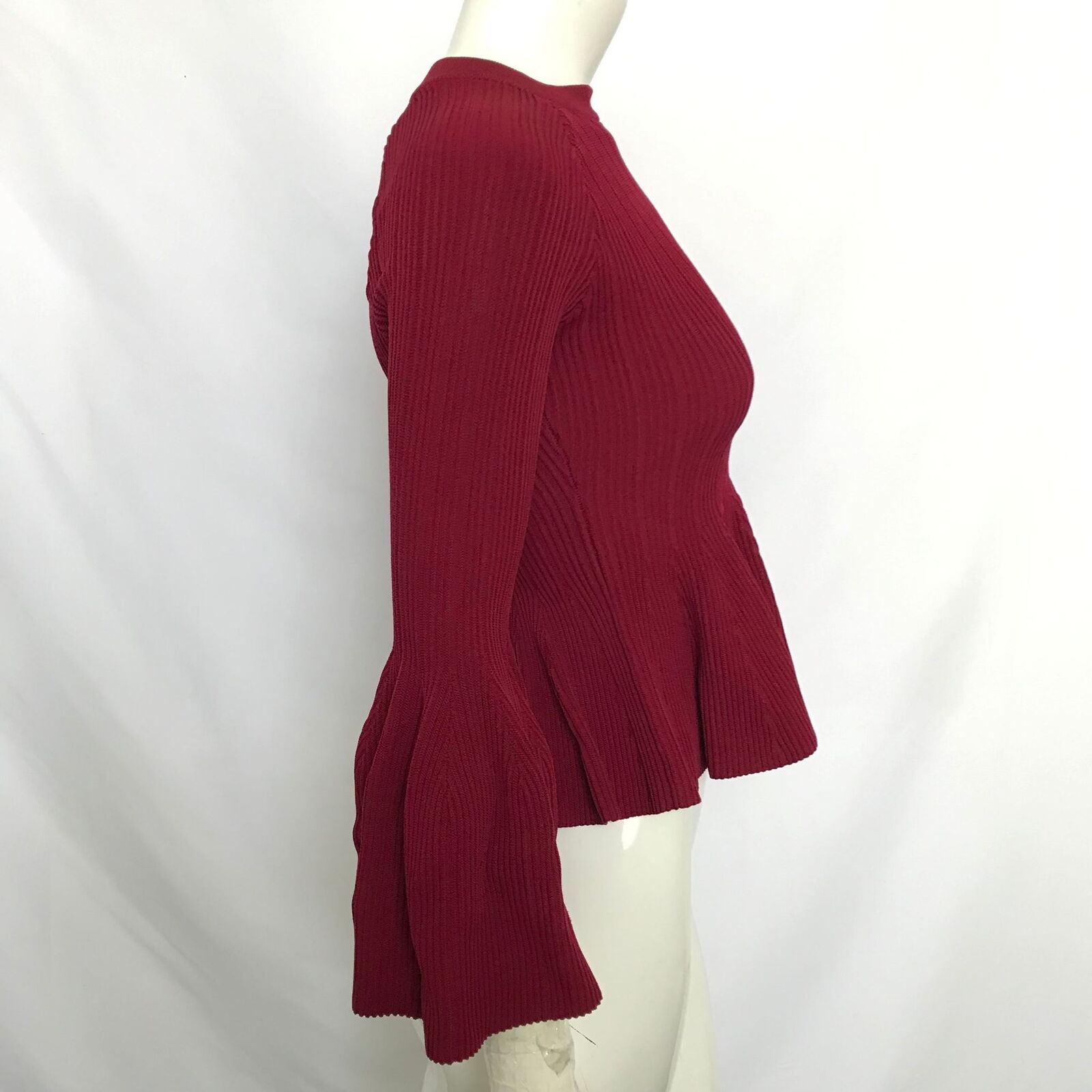 Jonathan Simkhai Bell Sleeve Peplum Top Cabernet Ribbed Knit Sz S