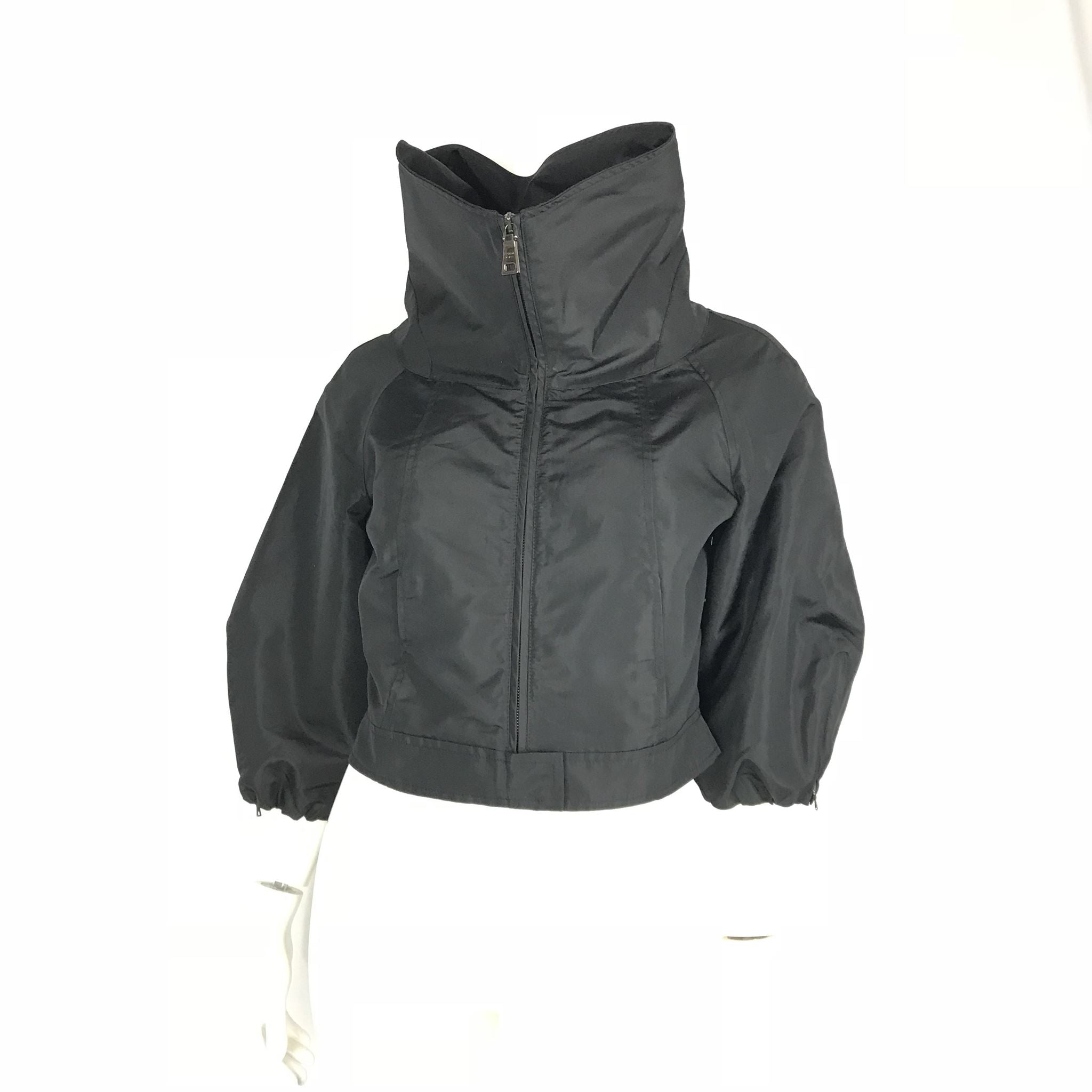 Prada Women's Cropped Light Jacket Cowl Collar Silk Black Size IT42 (US4-6)