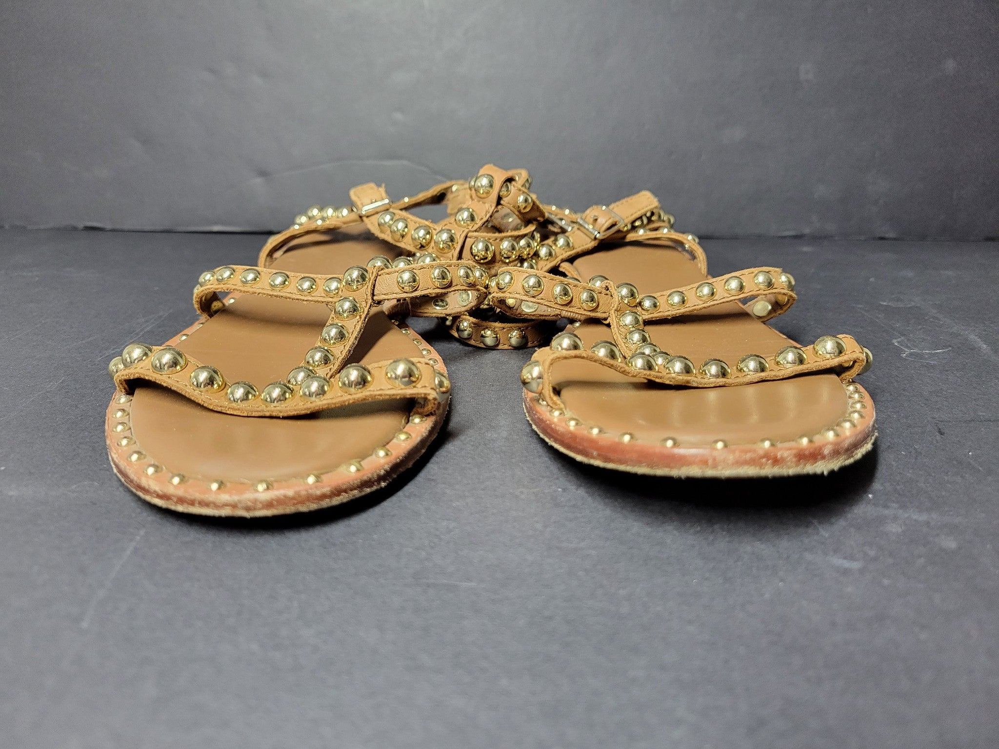 Ash Play Bis Flat Sandal Allover Studded Lace-Up Leather Brown Gold Sz 7.5