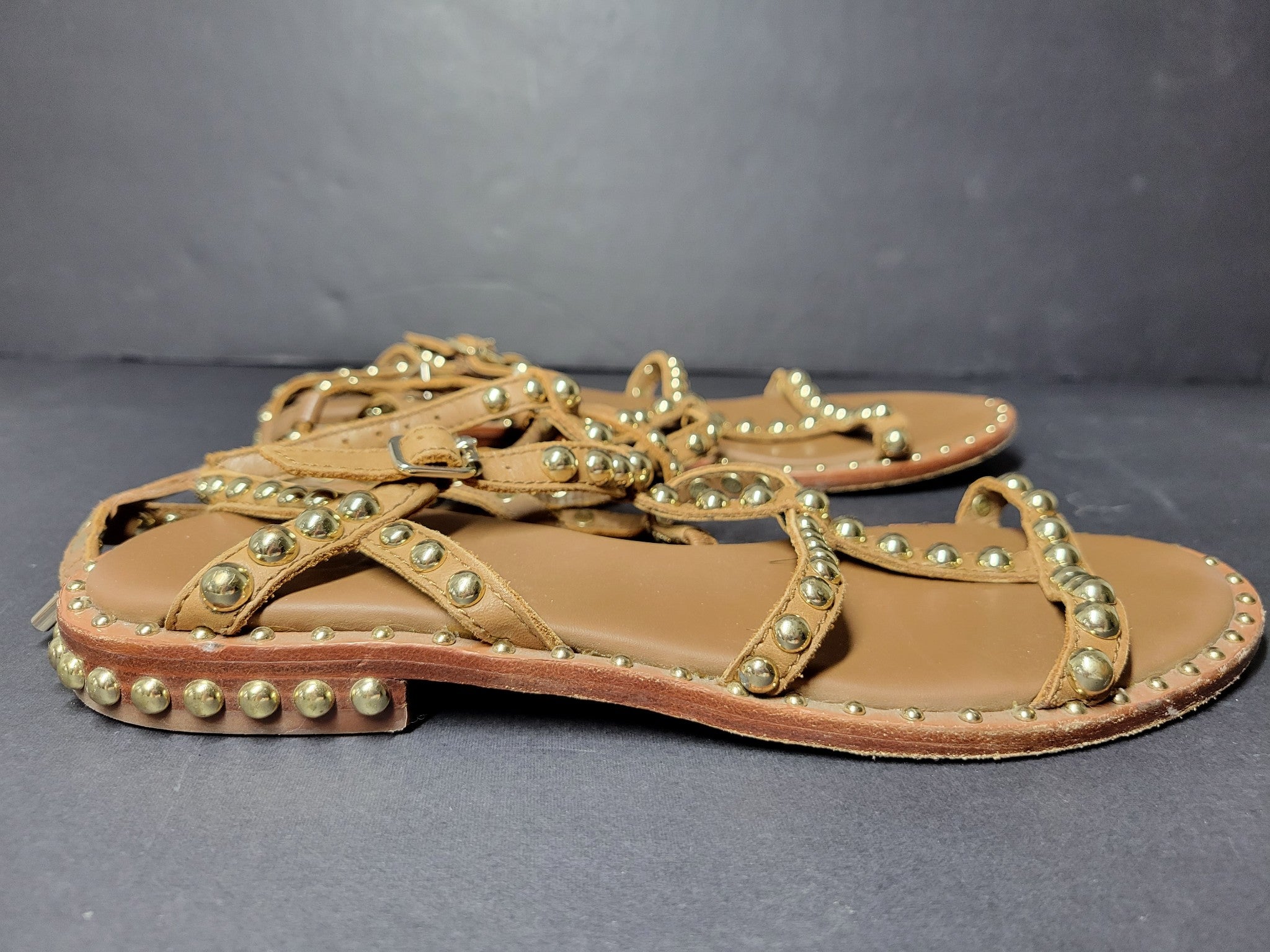Ash Play Bis Flat Sandal Allover Studded Lace-Up Leather Brown Gold Sz 7.5