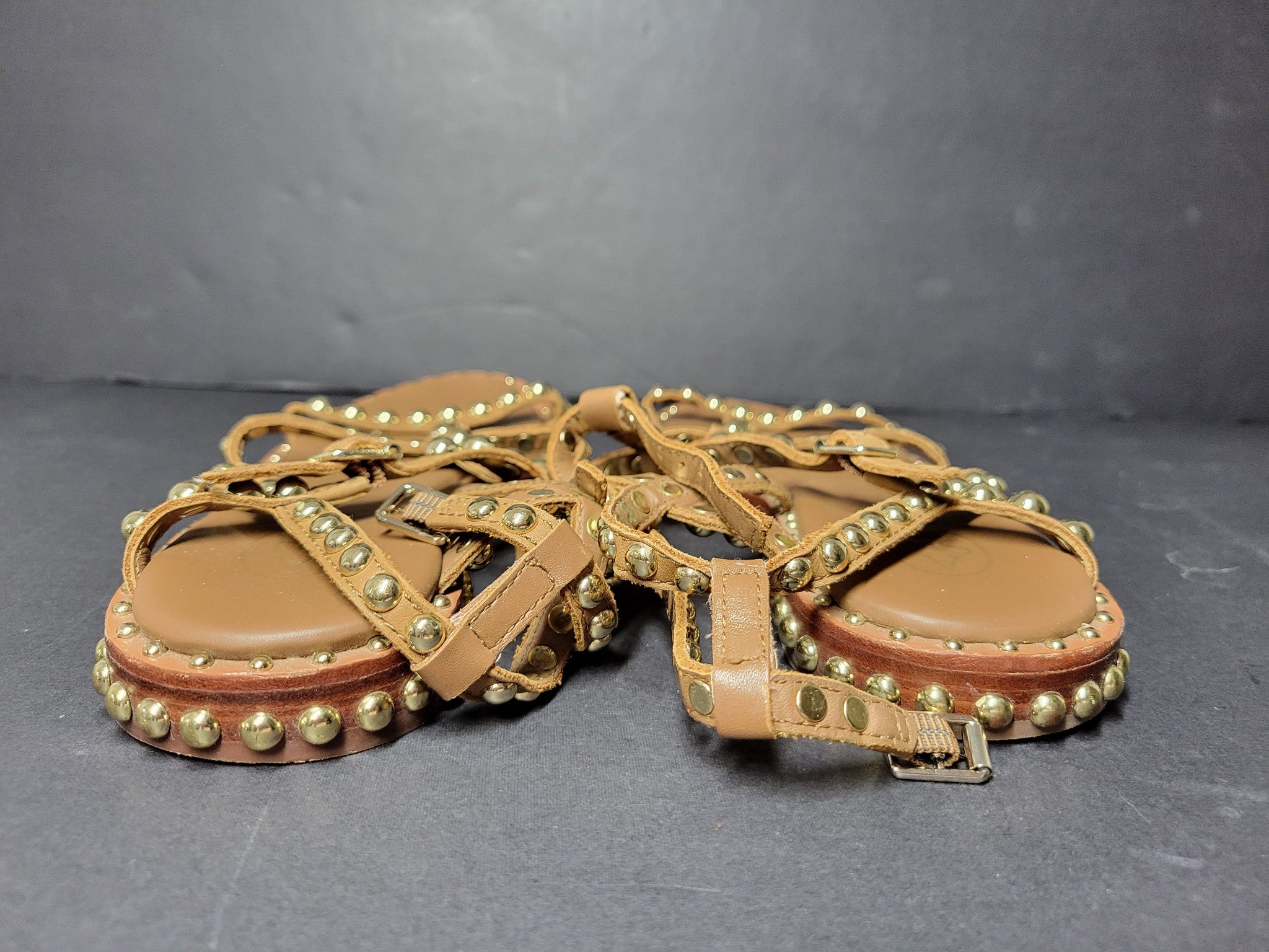 Ash Play Bis Flat Sandal Allover Studded Lace-Up Leather Brown Gold Sz 7.5