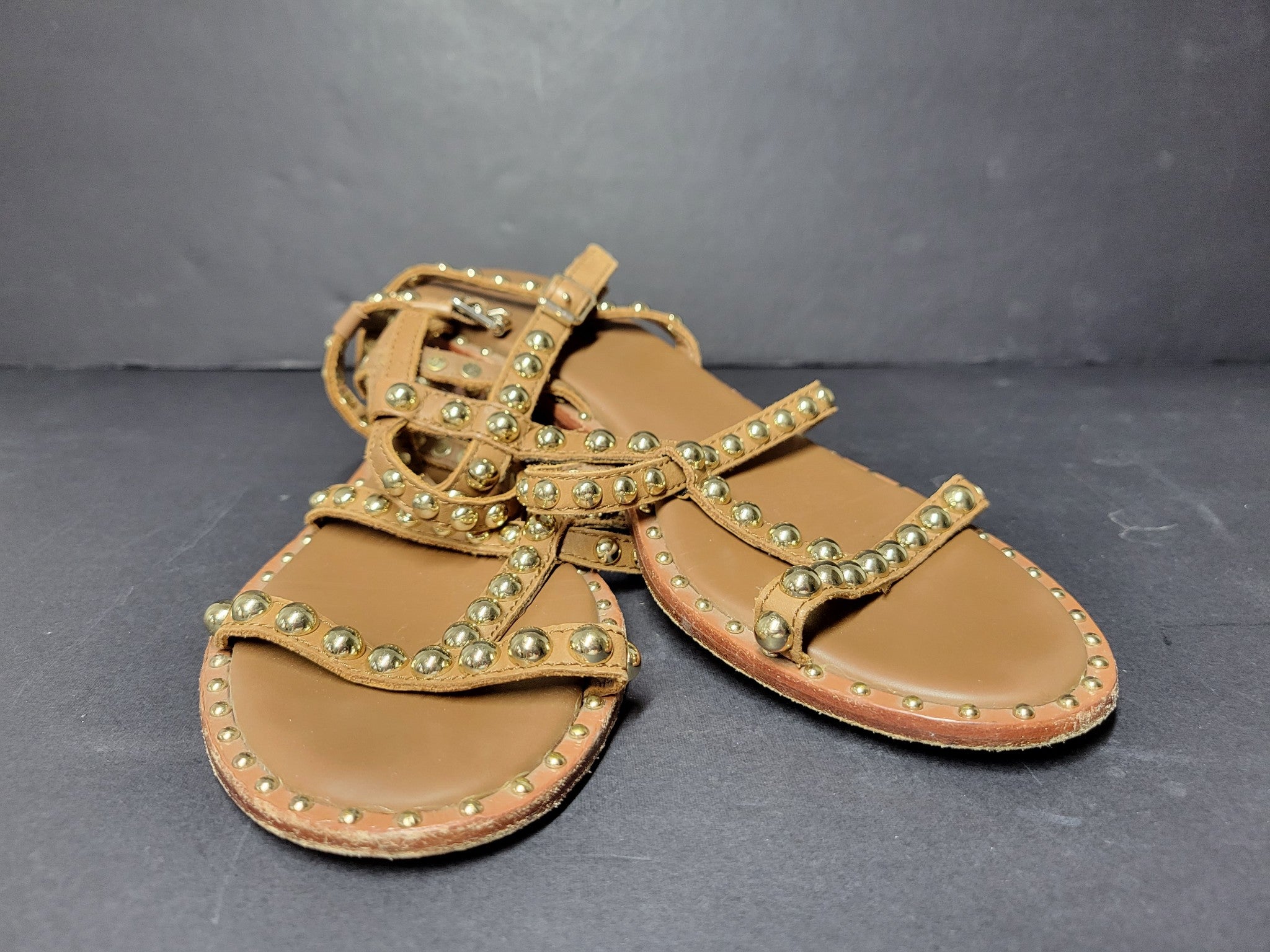 Ash Play Bis Flat Sandal Allover Studded Lace-Up Leather Brown Gold Sz 7.5