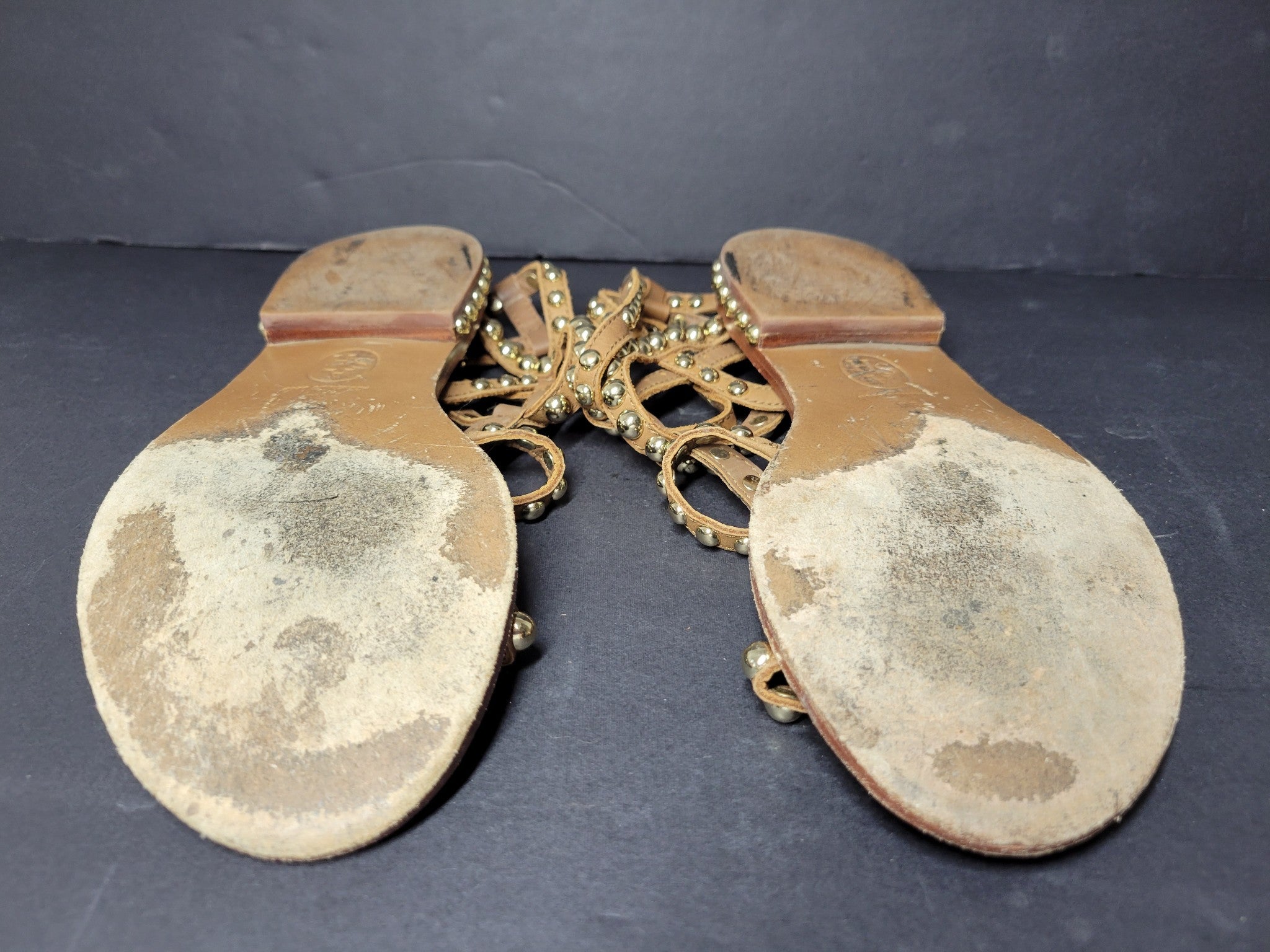 Ash Play Bis Flat Sandal Allover Studded Lace-Up Leather Brown Gold Sz 7.5