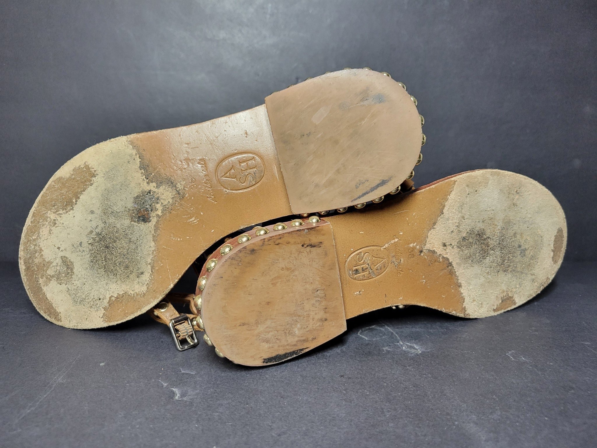 Ash Play Bis Flat Sandal Allover Studded Lace-Up Leather Brown Gold Sz 7.5
