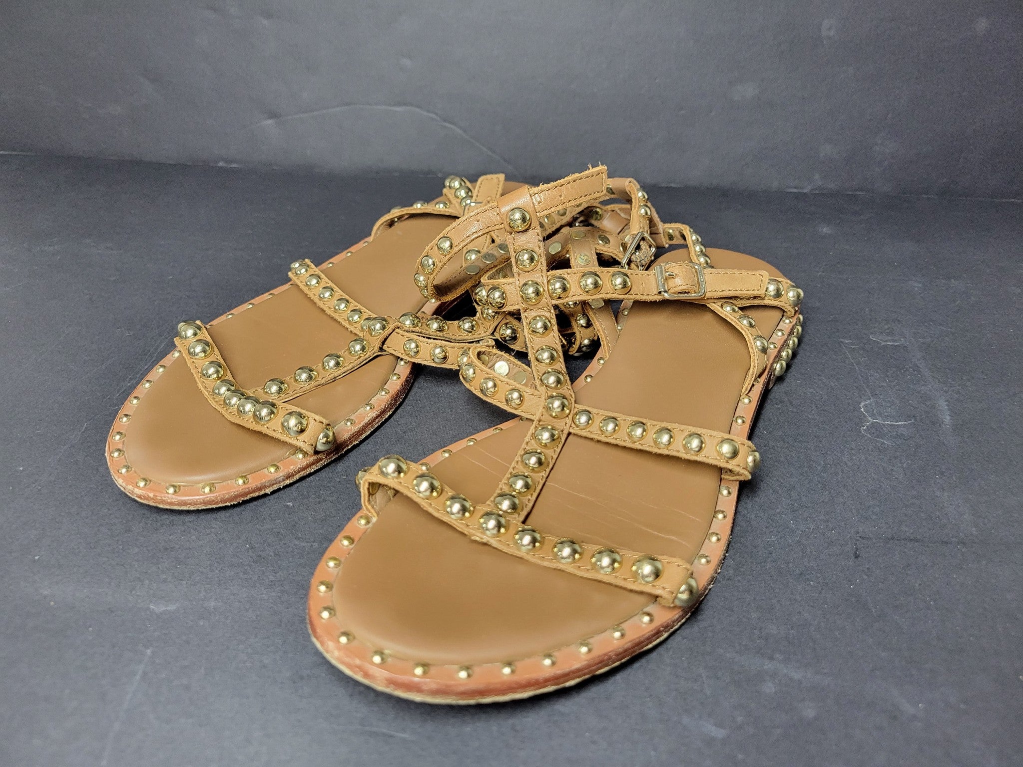 Ash Play Bis Flat Sandal Allover Studded Lace-Up Leather Brown Gold Sz 7.5