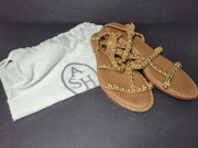 Ash Play Bis Flat Sandal Allover Studded Lace-Up Leather Brown Gold Sz 7.5