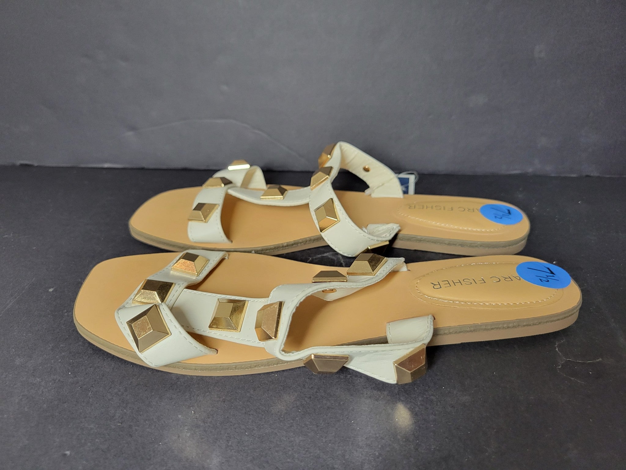 Marc Fisher Women's Bonis Gold Studded Slides Flat Sandals White Sz 7.5