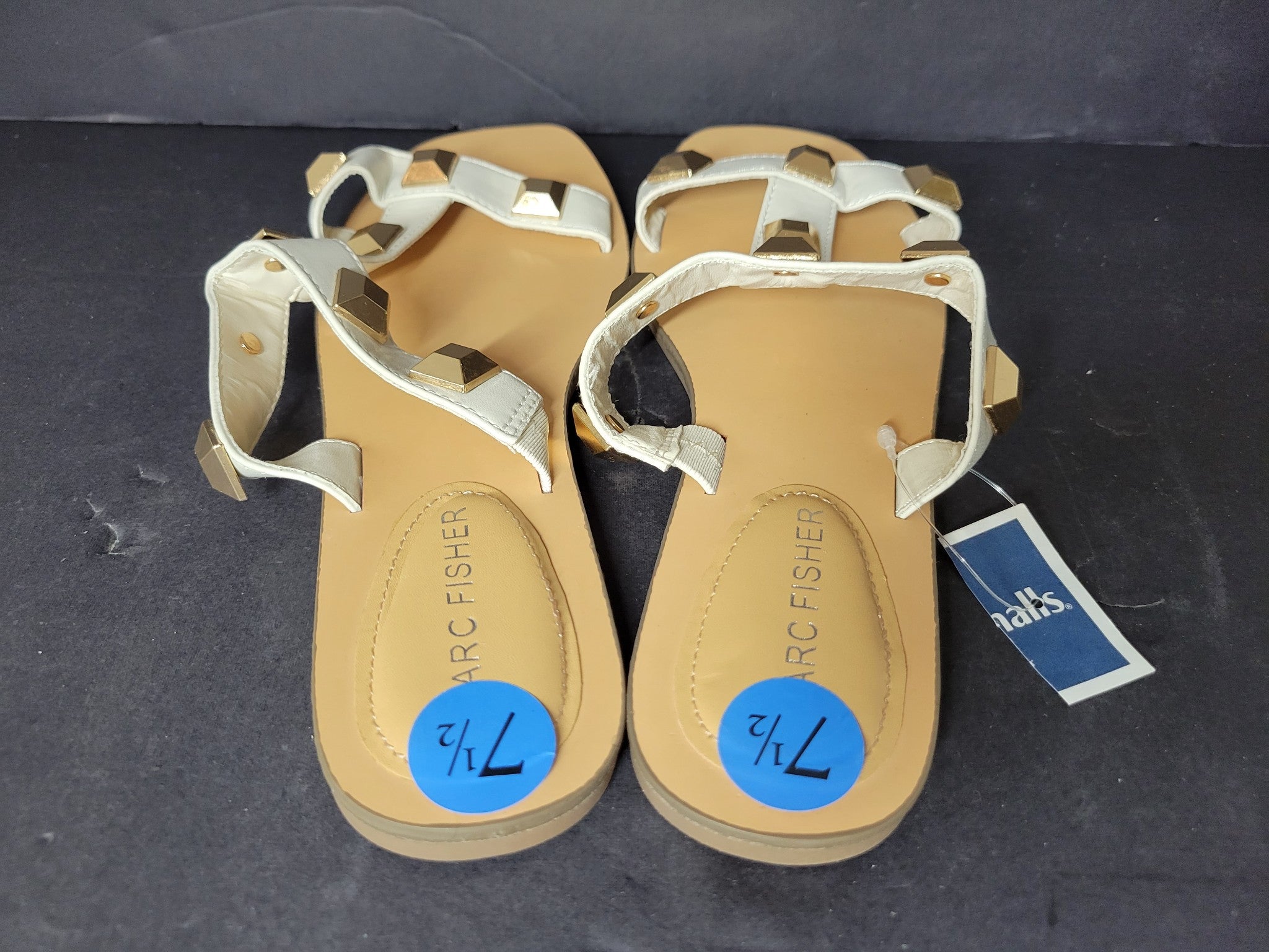 Marc Fisher Women's Bonis Gold Studded Slides Flat Sandals White Sz 7.5