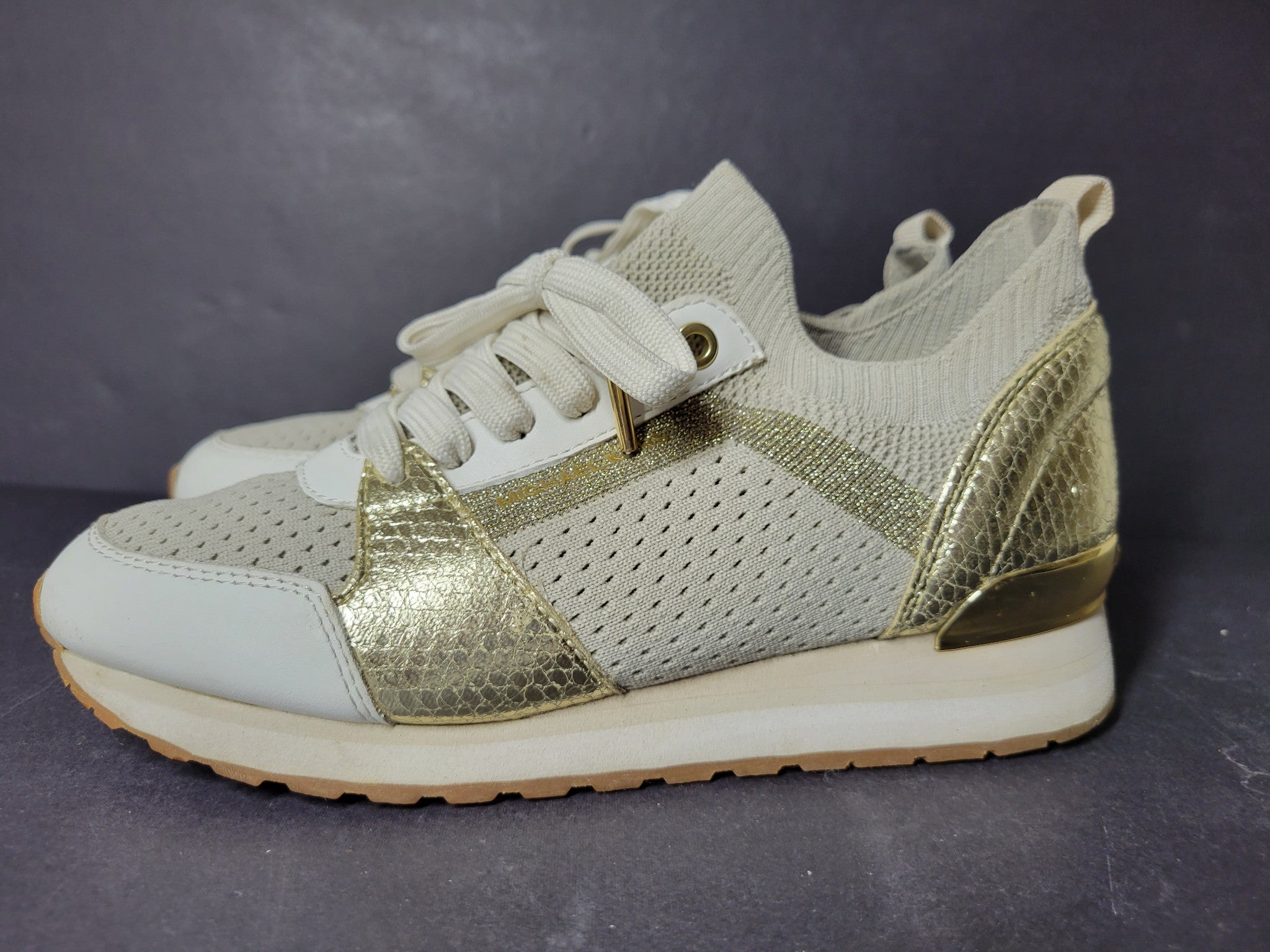 Michael Kors Women's Billie Trainer Knit Fabric Sneakers Shoes Gold Sz 6