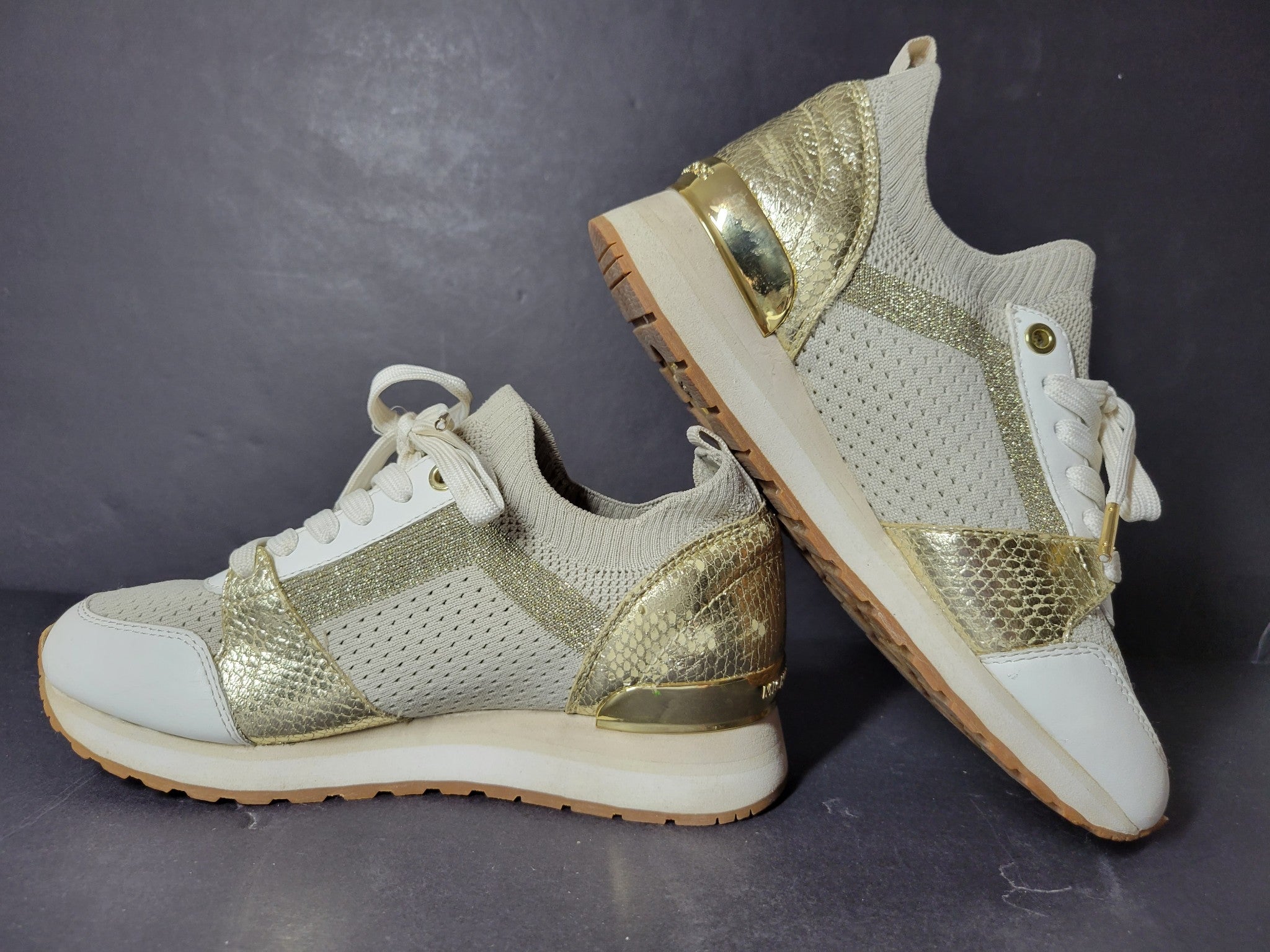 Michael Kors Women's Billie Trainer Knit Fabric Sneakers Shoes Gold Sz 6