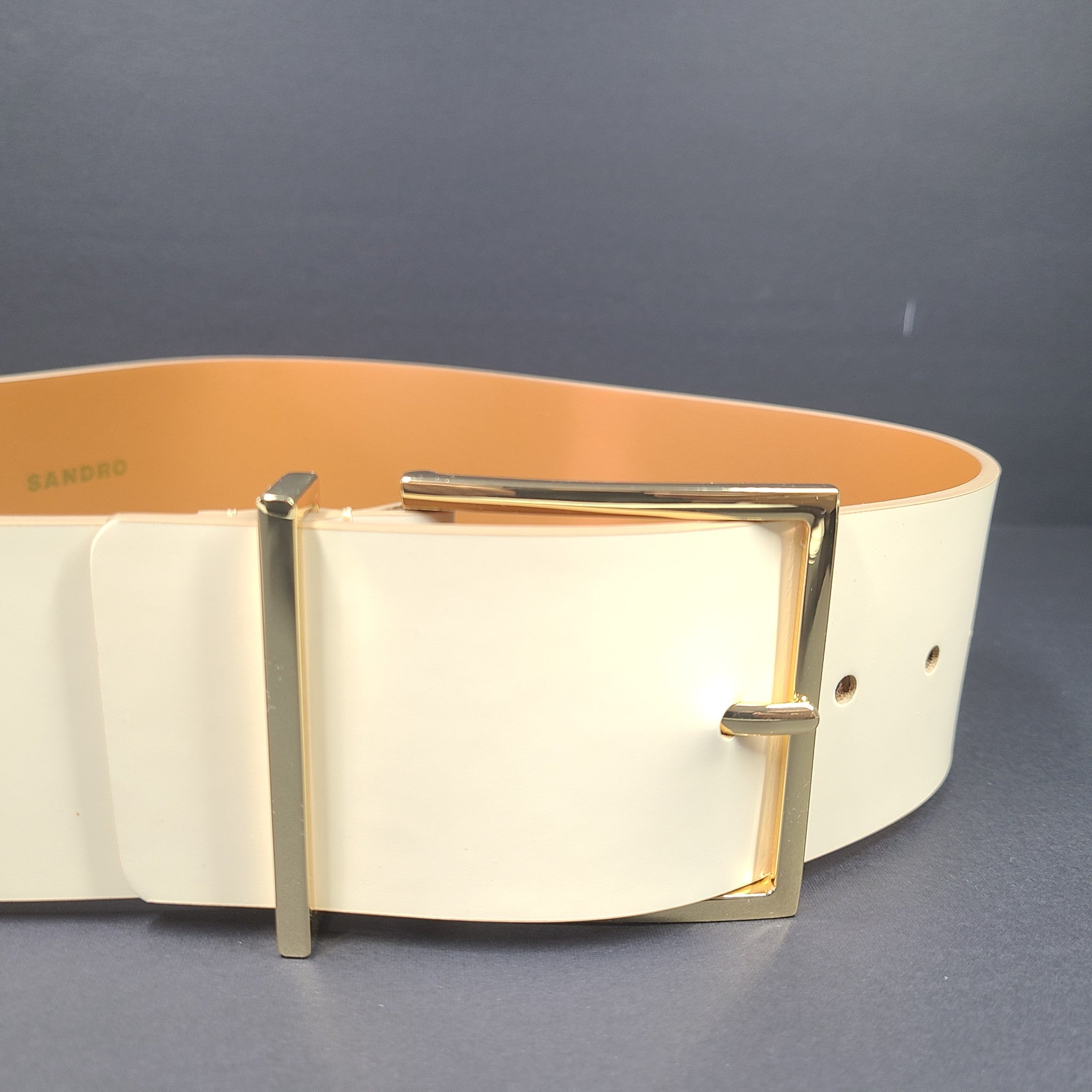 Sandro Paris Wide Leather Belt Ivory Cream with Gold Buckle Sz 28 France