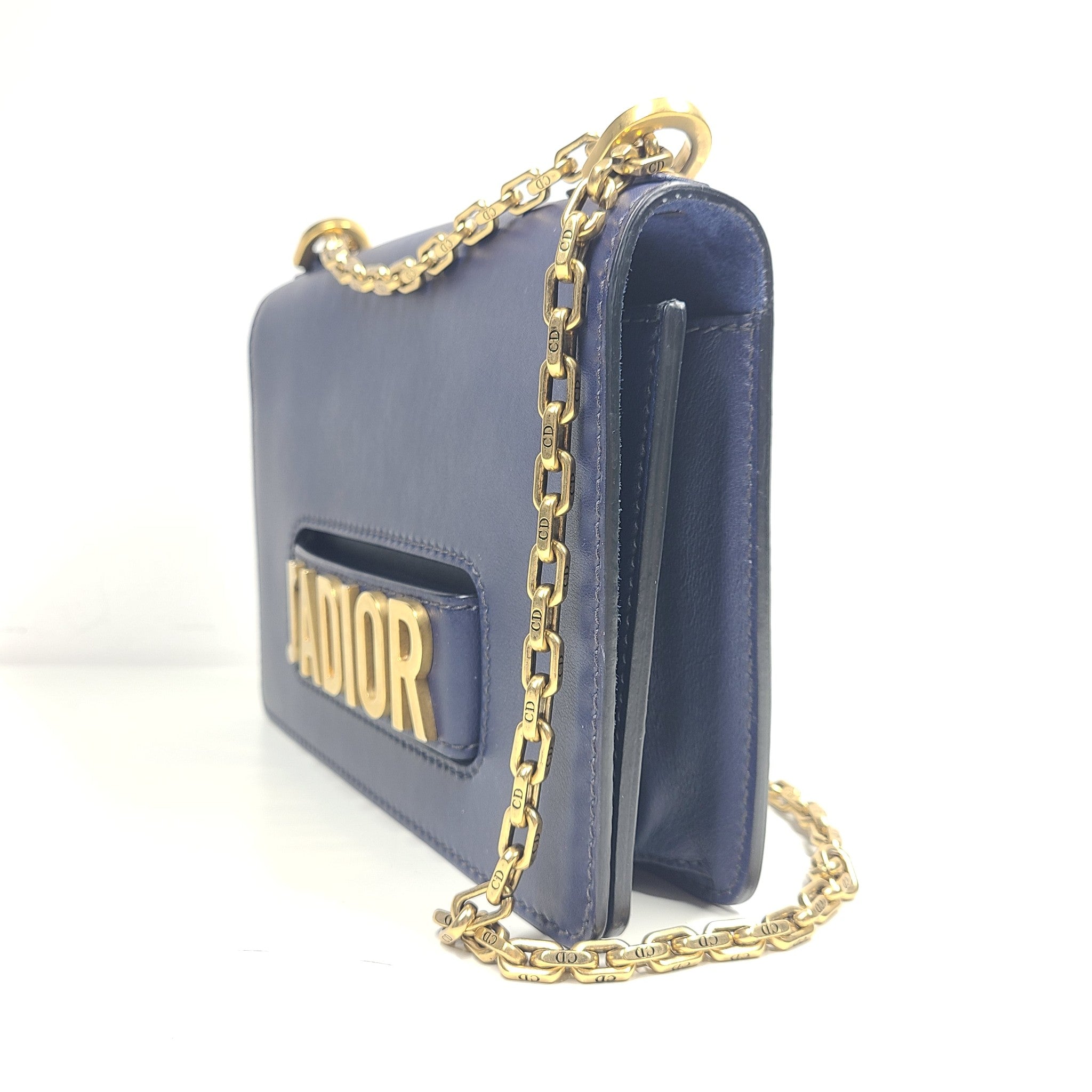 Christian Dior J'Adior Calfskin Chain Flap Bag Navy Blue Gold Hardware