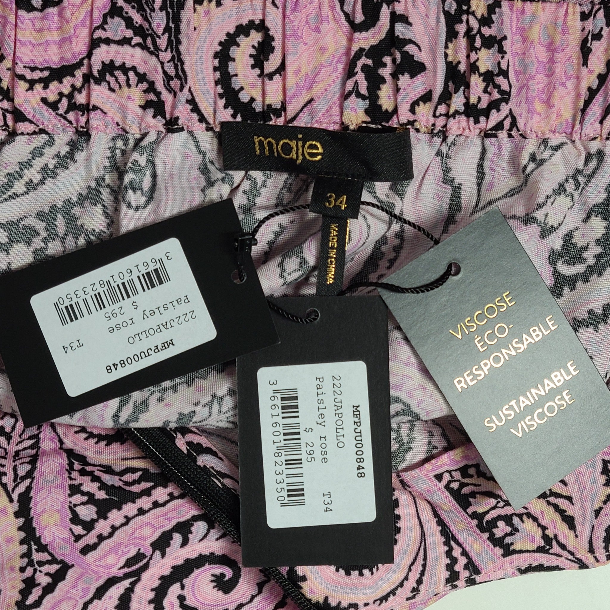 MAJE Apollo Asymmetric Paisley Swirl Midi Skirt Paisley Rose Sz 0