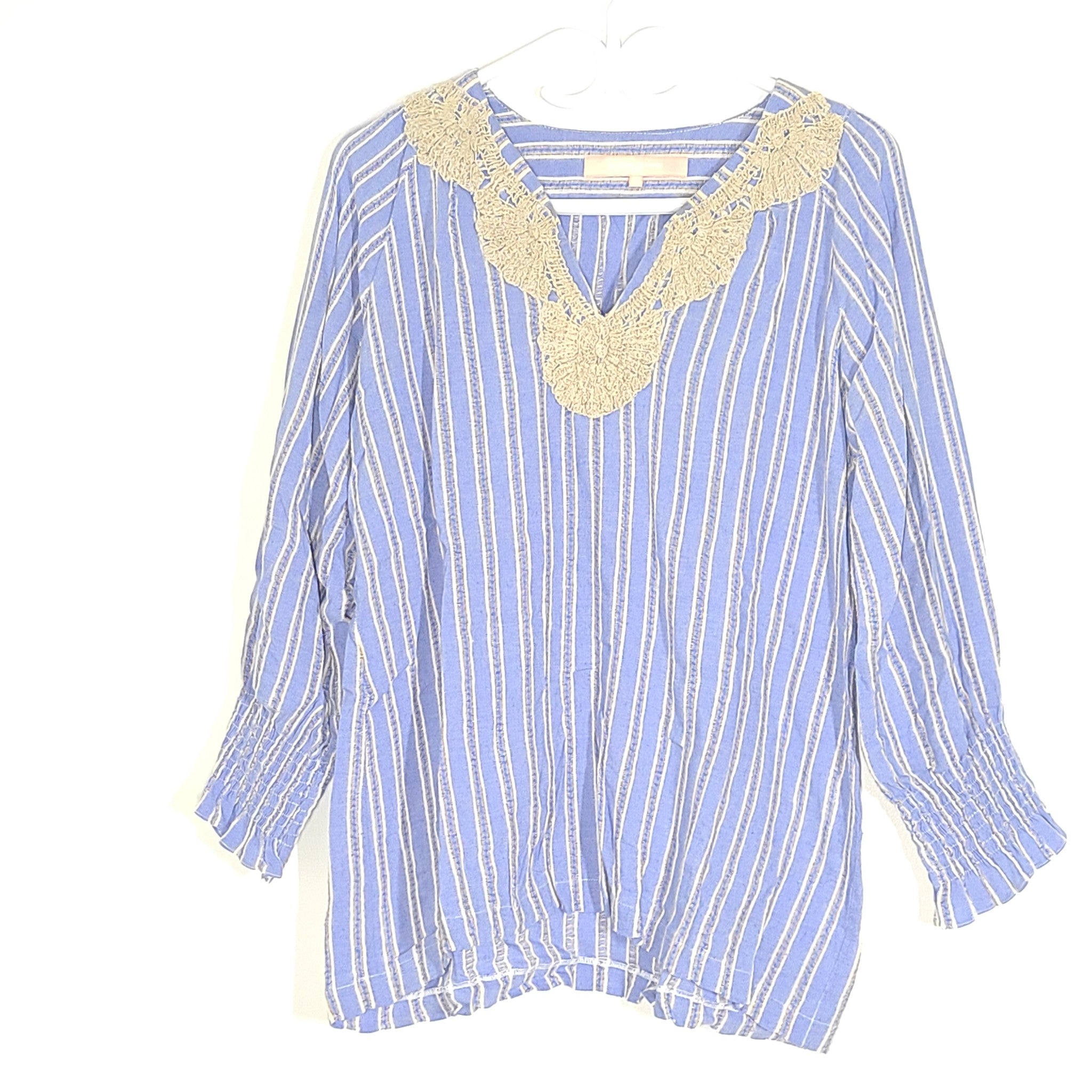 Valerie Khalfon Paris Designer Tunic with Lace Striped Blue Sz 8