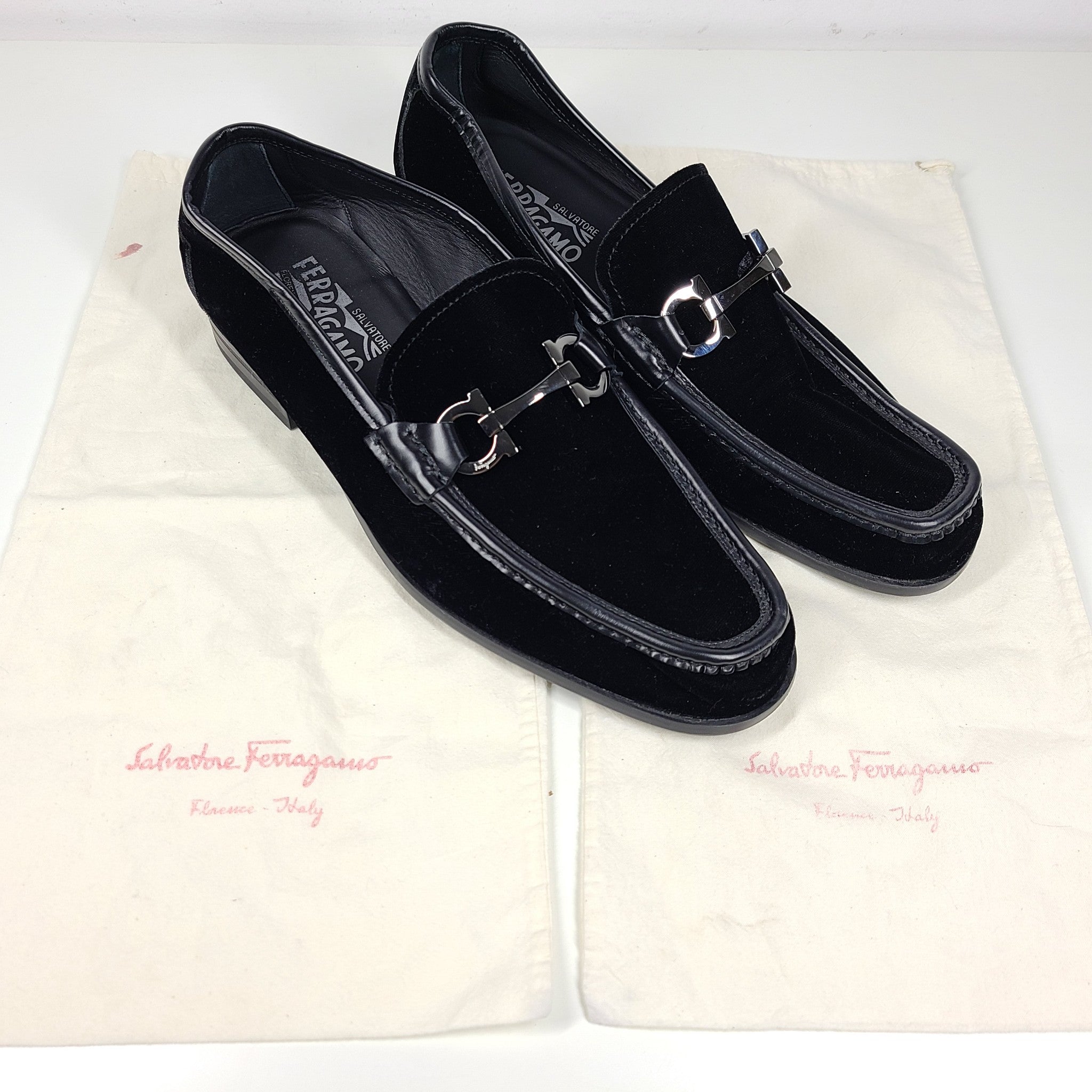 Salvatore Ferragamo Grandioso Velvet Double Gancini Bit Loafers Black US9.5 $970