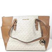 MICHAEL KORS Charlotte Large Logo and Leather Top-Zip Tote Bag Brown Vanilla