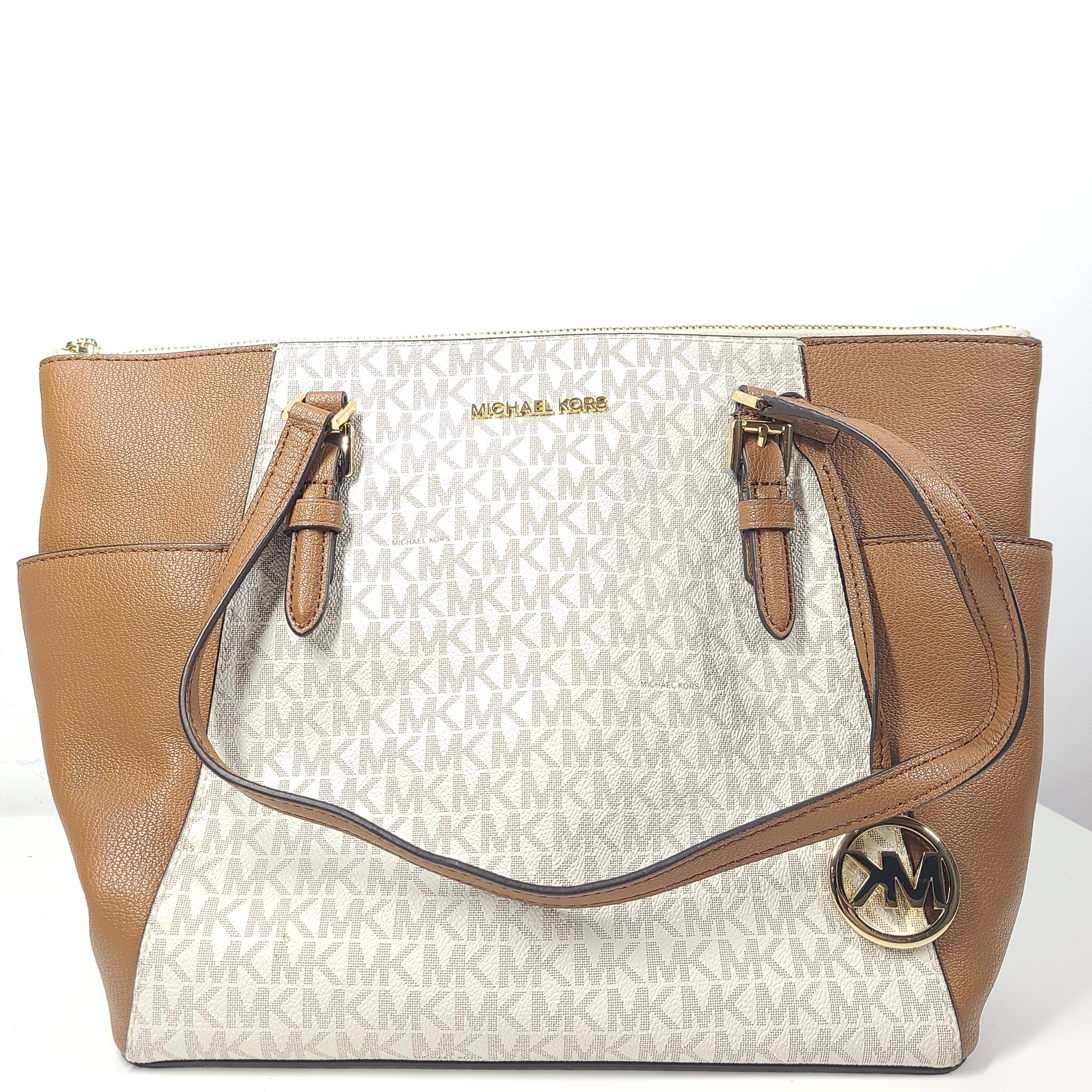 MICHAEL KORS Charlotte Large Logo and Leather Top-Zip Tote Bag Brown Vanilla