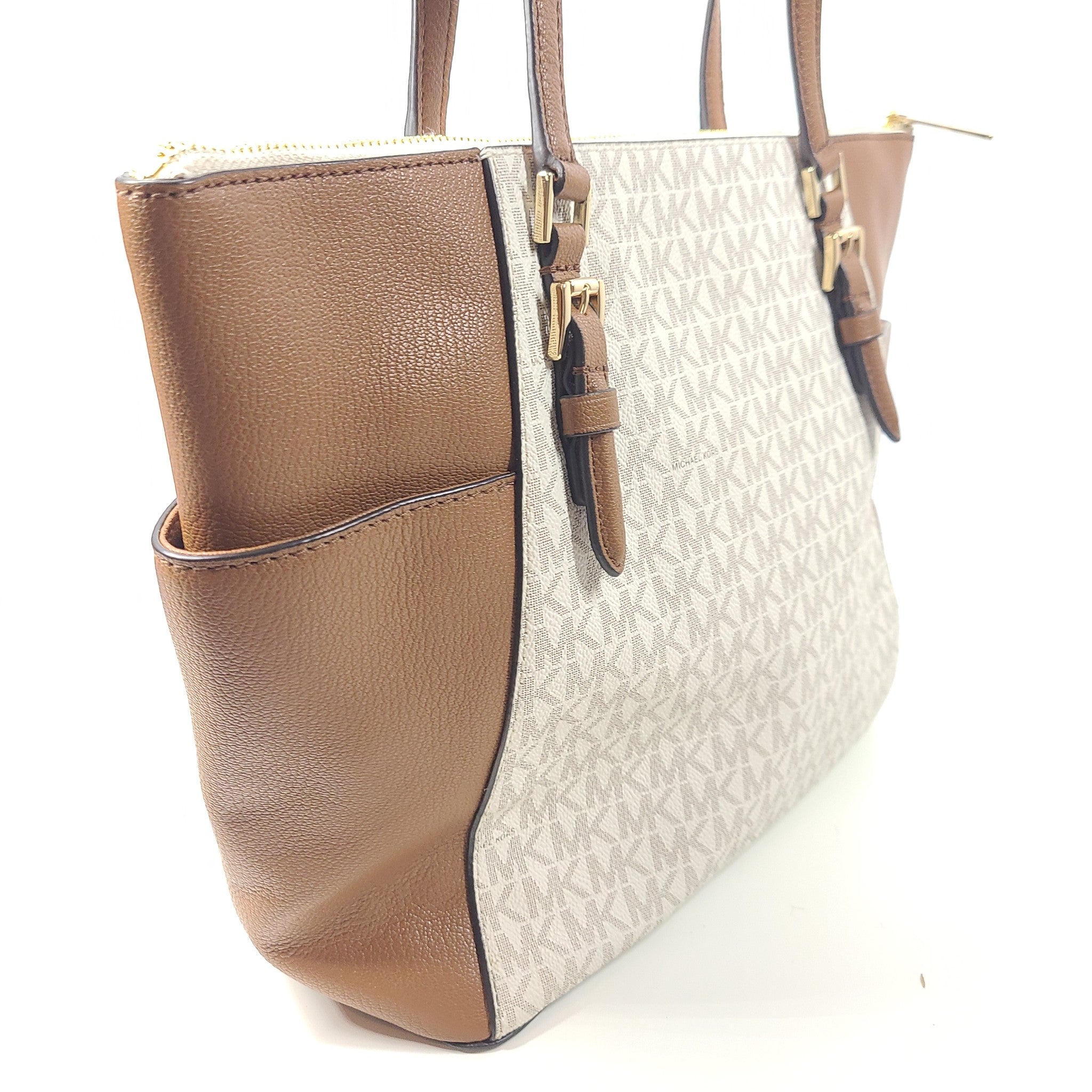 MICHAEL KORS Charlotte Large Logo and Leather Top-Zip Tote Bag Brown Vanilla