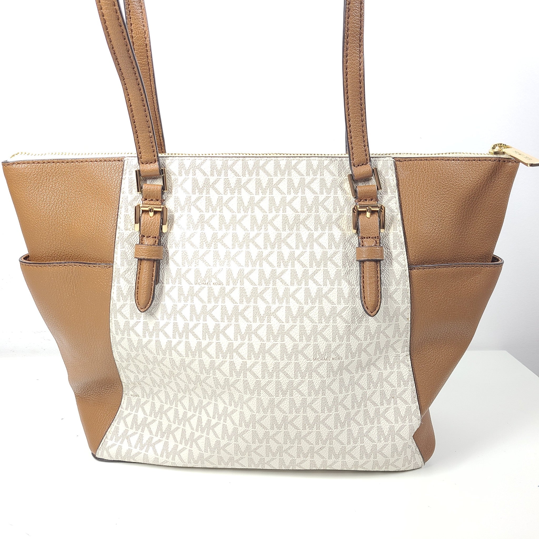 MICHAEL KORS Charlotte Large Logo and Leather Top-Zip Tote Bag Brown Vanilla
