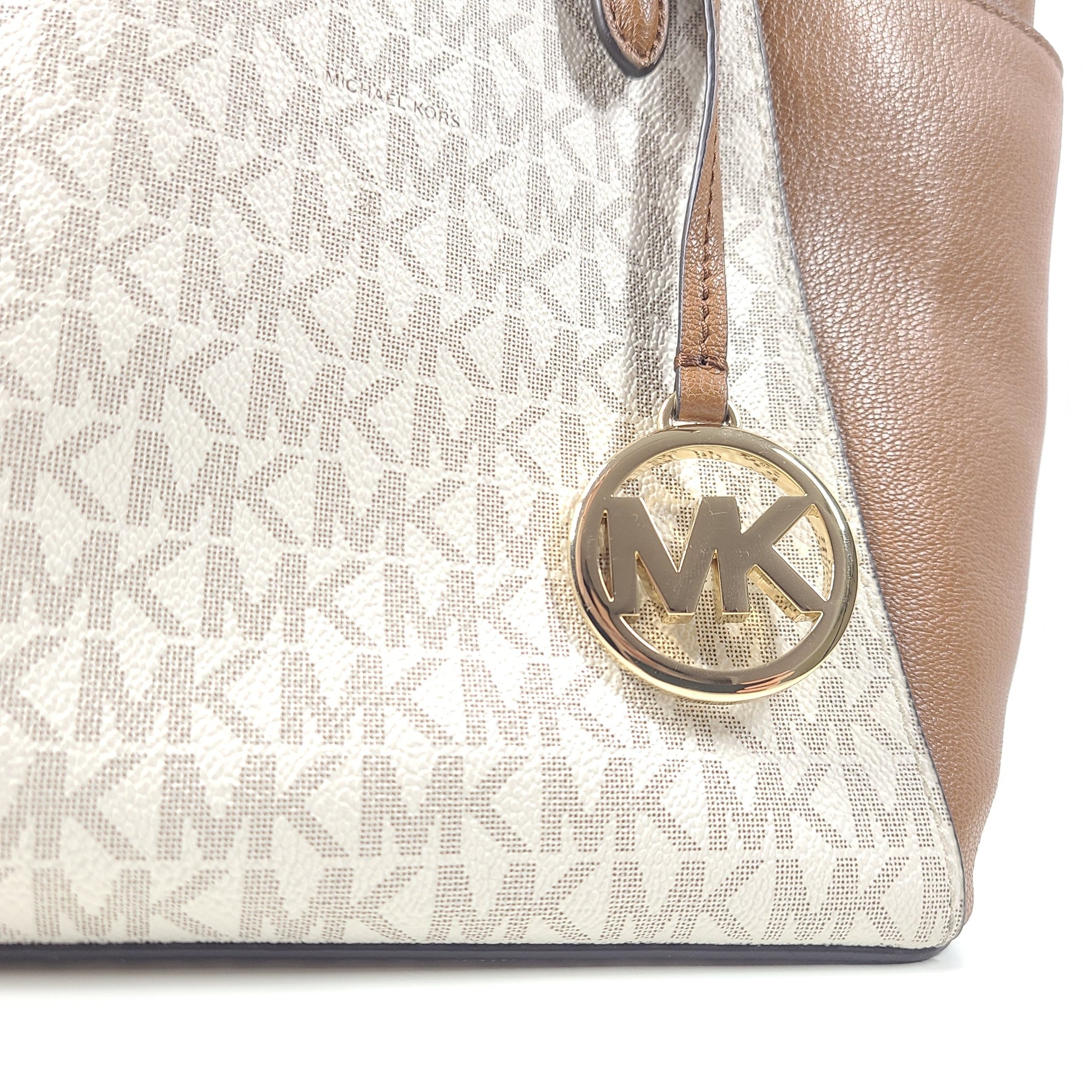 MICHAEL KORS Charlotte Large Logo and Leather Top-Zip Tote Bag Brown Vanilla