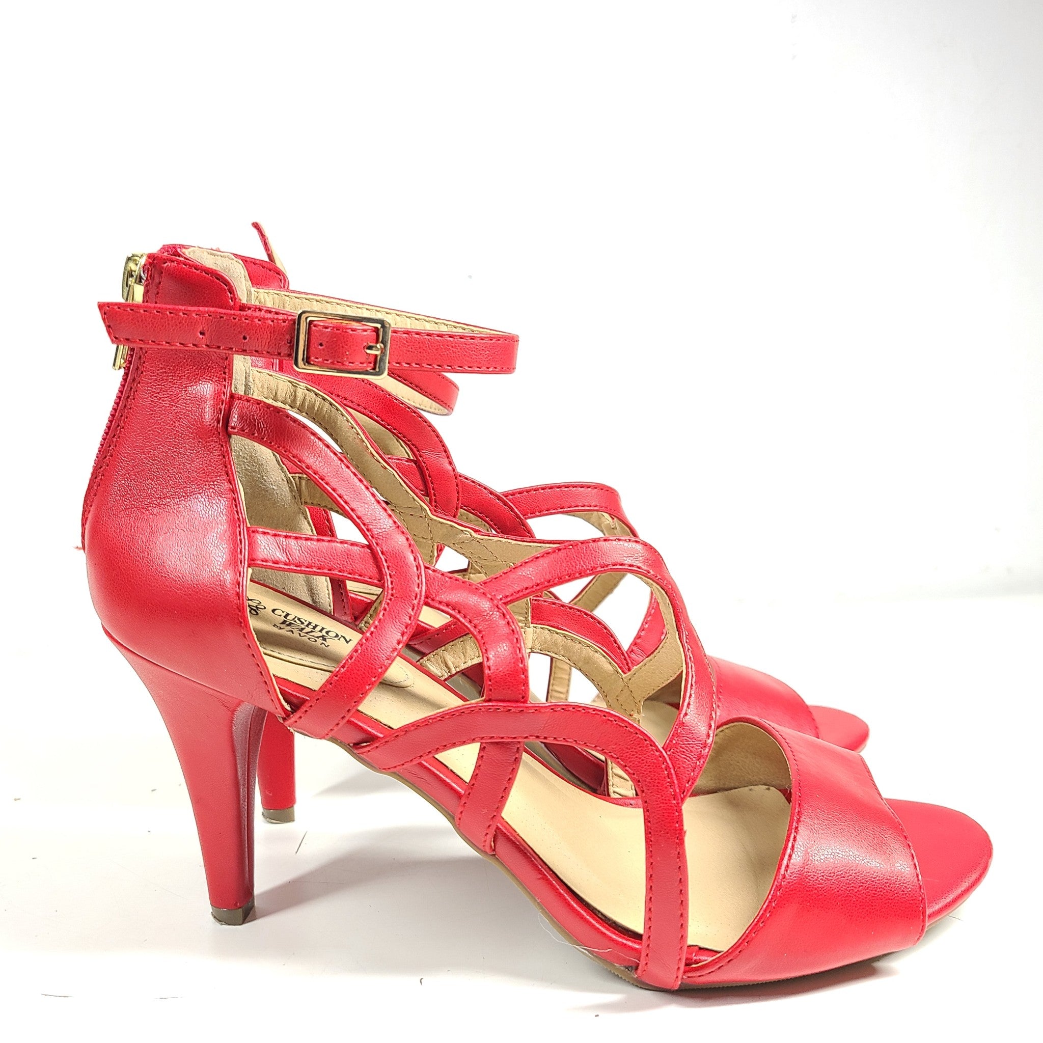 Cushion Walk by Avon Red Open Toe 3.5 Inch Strappy Heels Pumps Size 9