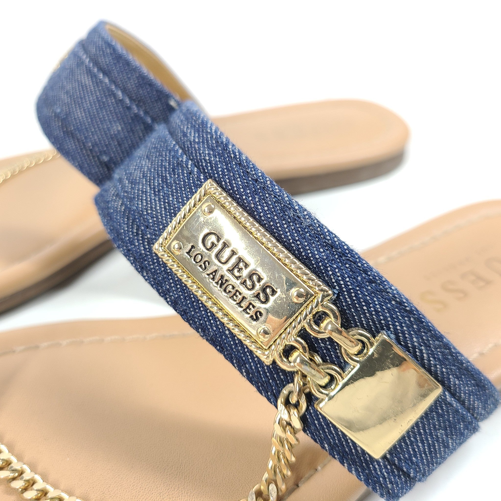 Guess Landen Denim Chain Sandals Toe Loop Flip Flops Sz 7