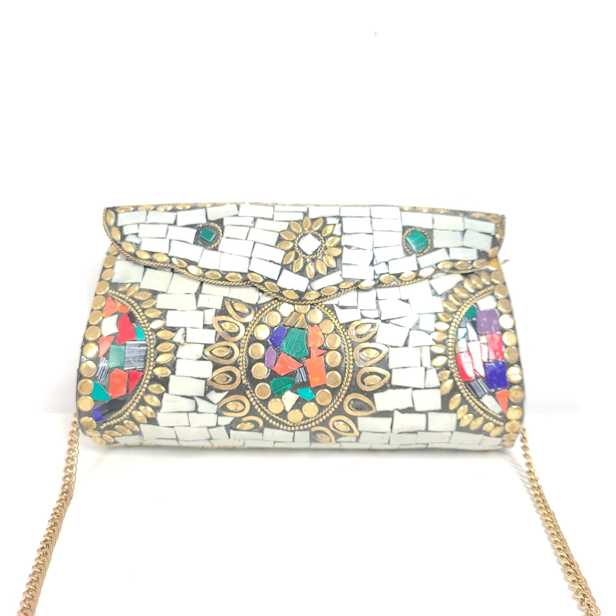 Equal Hands Multi-colored Stone Purse Handbag with Metal Inlay and Chain Strap