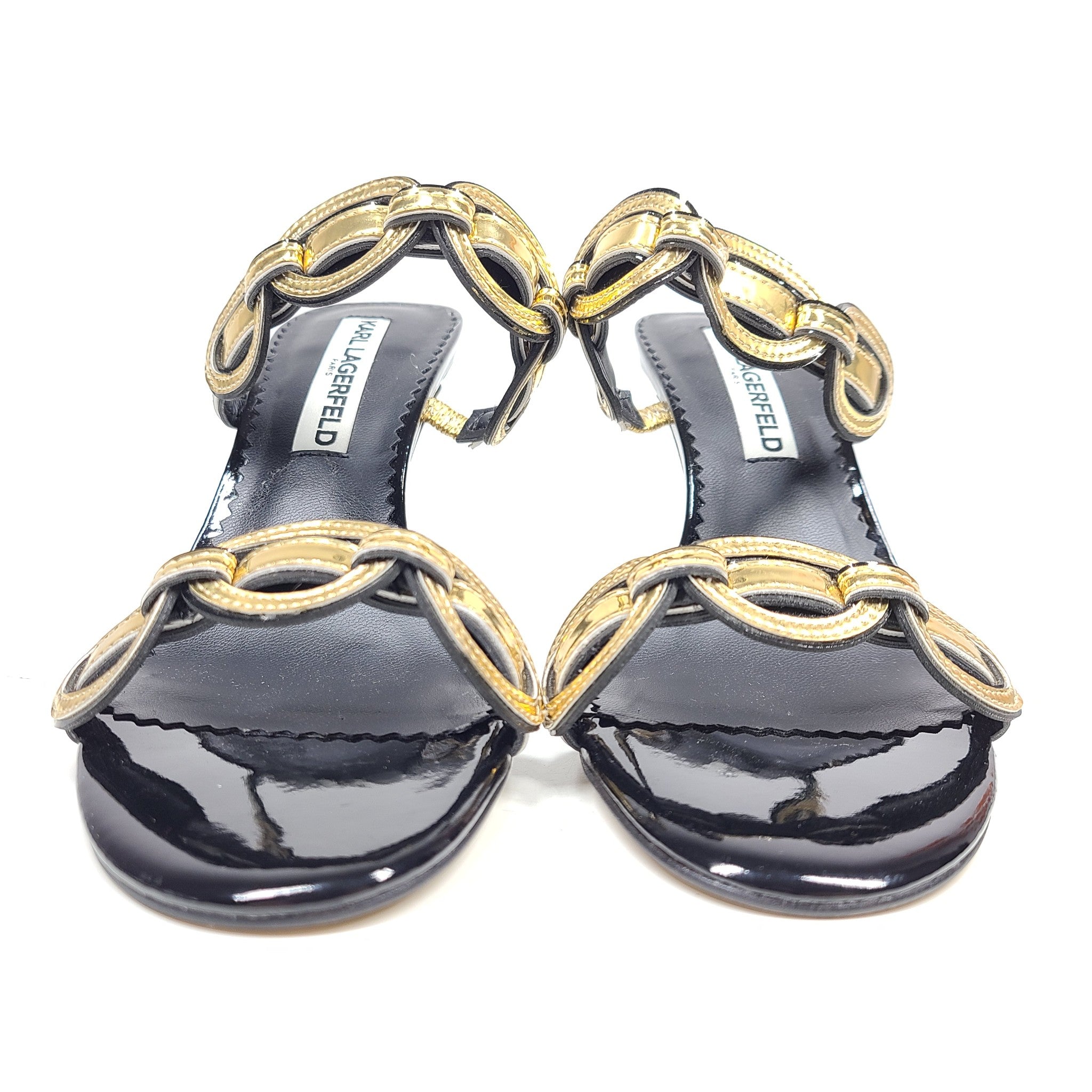 Karl Lagerfeld Dalya Double Band Heeled Sandals Open Toe Black Gold Sz 5.5