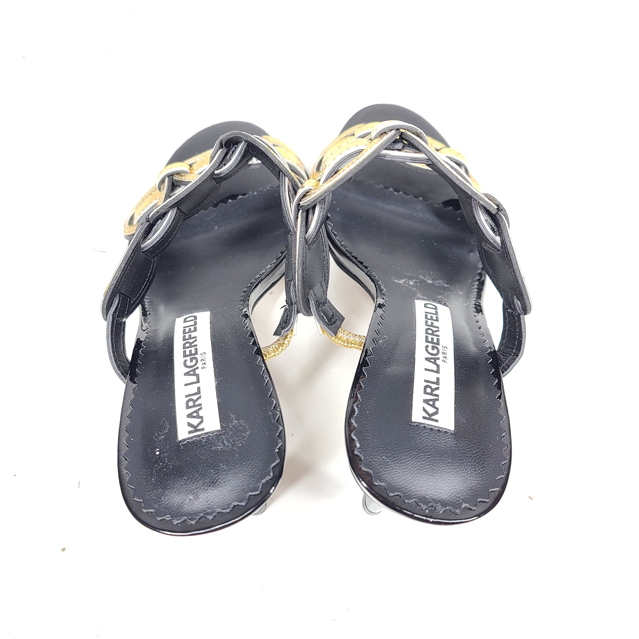 Karl Lagerfeld Dalya Double Band Heeled Sandals Open Toe Black Gold Sz 5.5