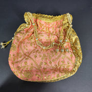 Indian Handmade Embroidered Clutch Purse Potli Bag Drawstring Pouch Pink Gold