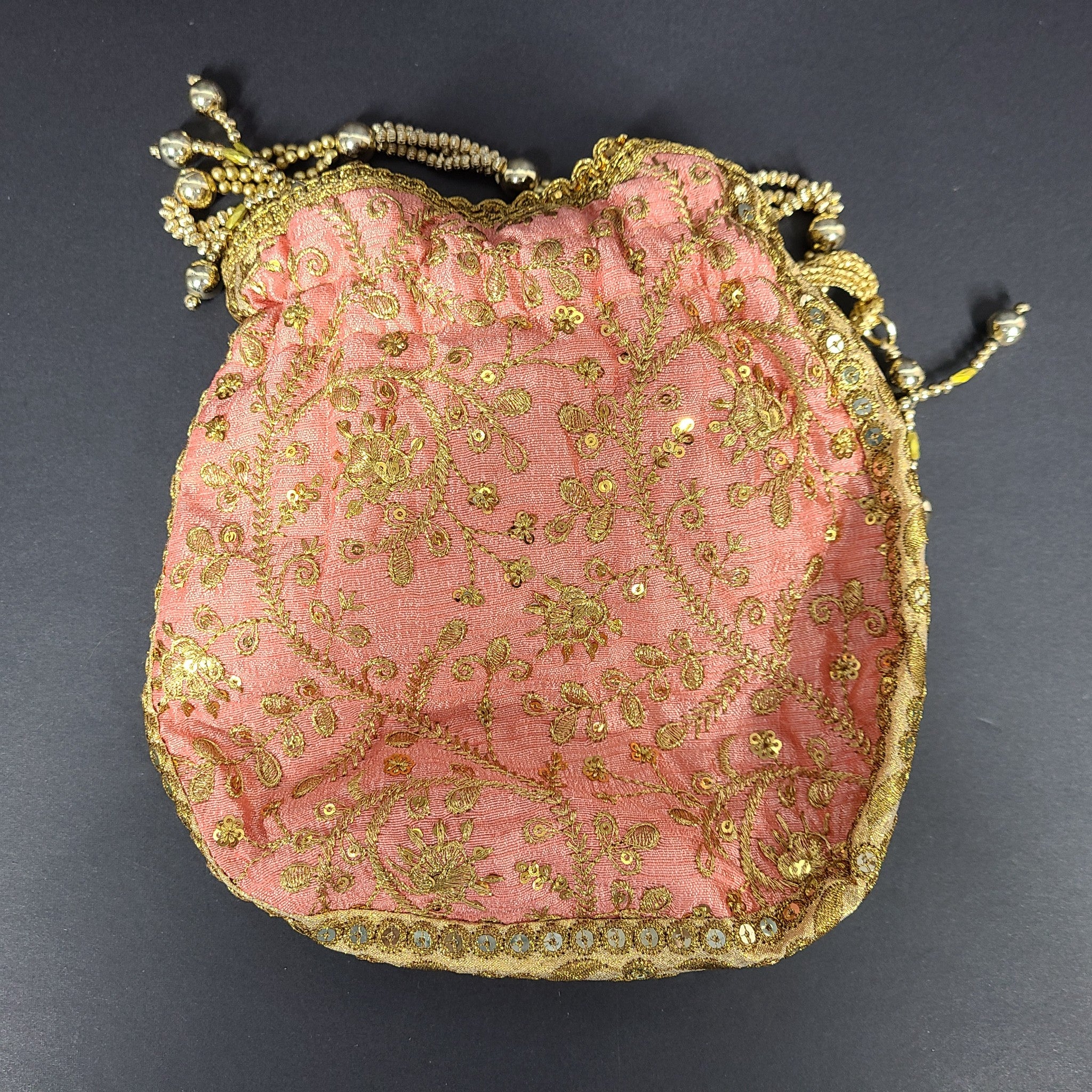 Indian Handmade Embroidered Clutch Purse Potli Bag Drawstring Pouch Pink Gold