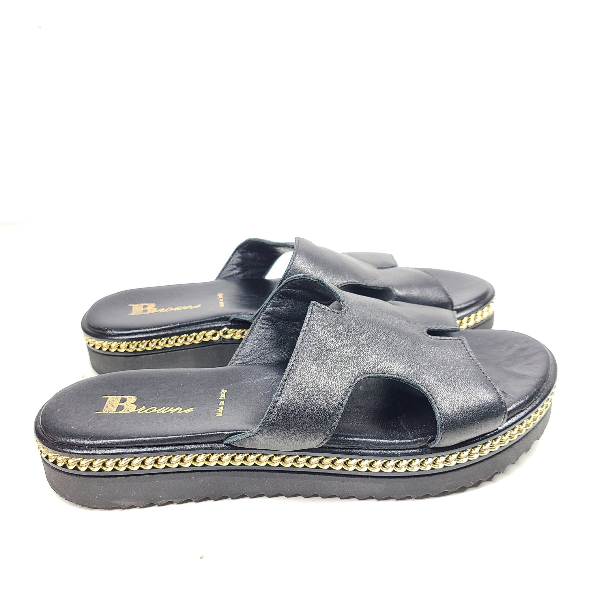 Browns Women's Black Leather Sandals Gold Chain Accent Sz 9