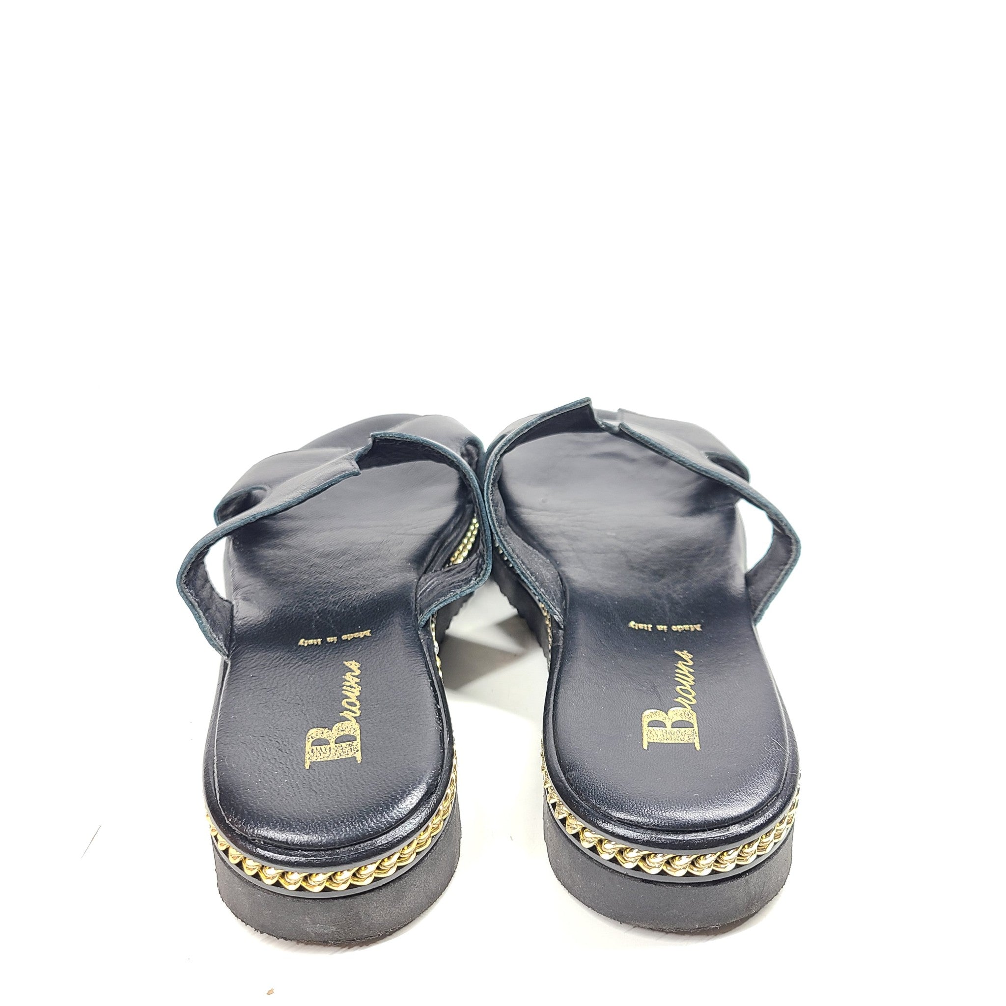Browns Women's Black Leather Sandals Gold Chain Accent Sz 9