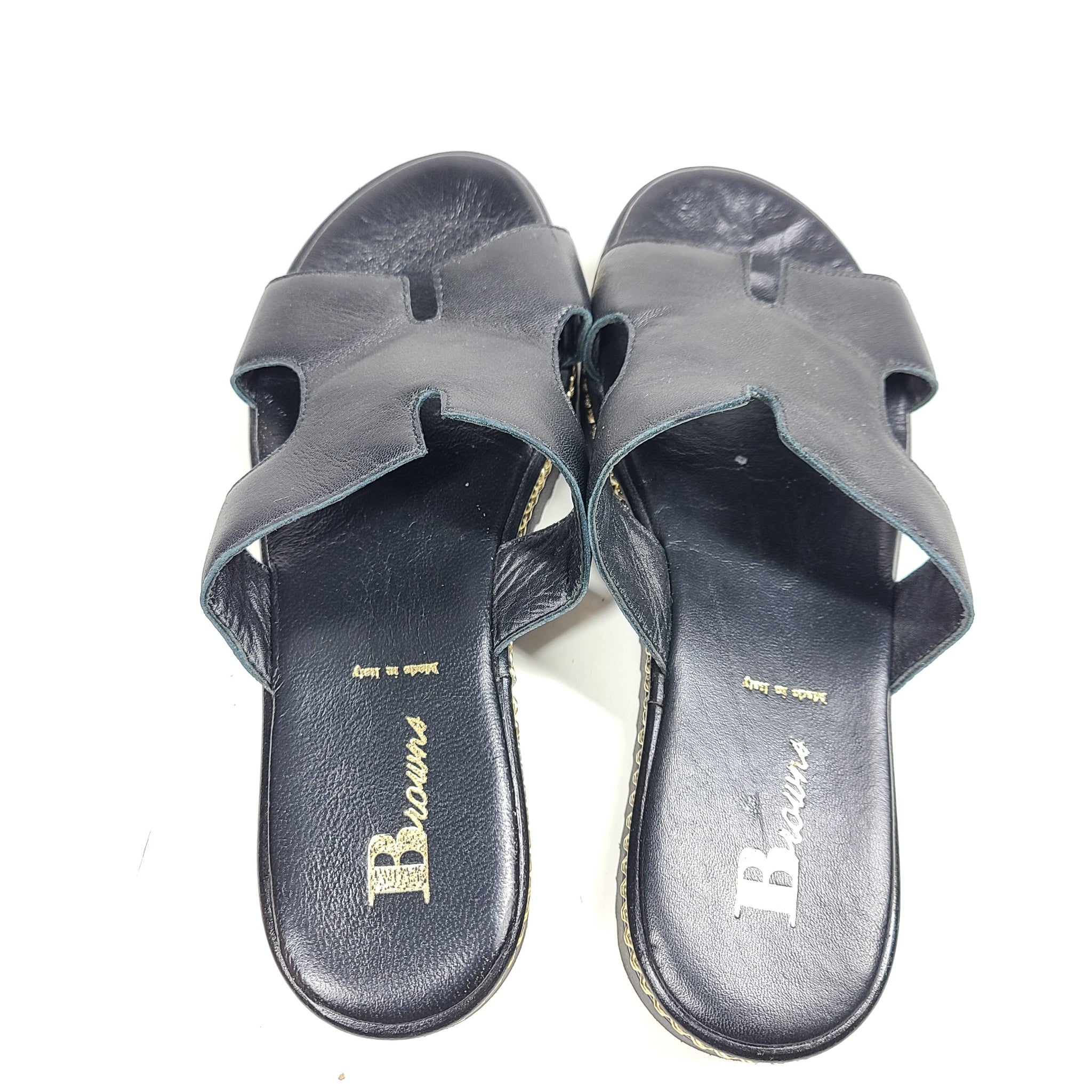 Browns Women's Black Leather Sandals Gold Chain Accent Sz 9