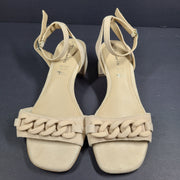 Tamaris Leather Heeled Open Toe Sandals w Chain Detail Beige Sz 6
