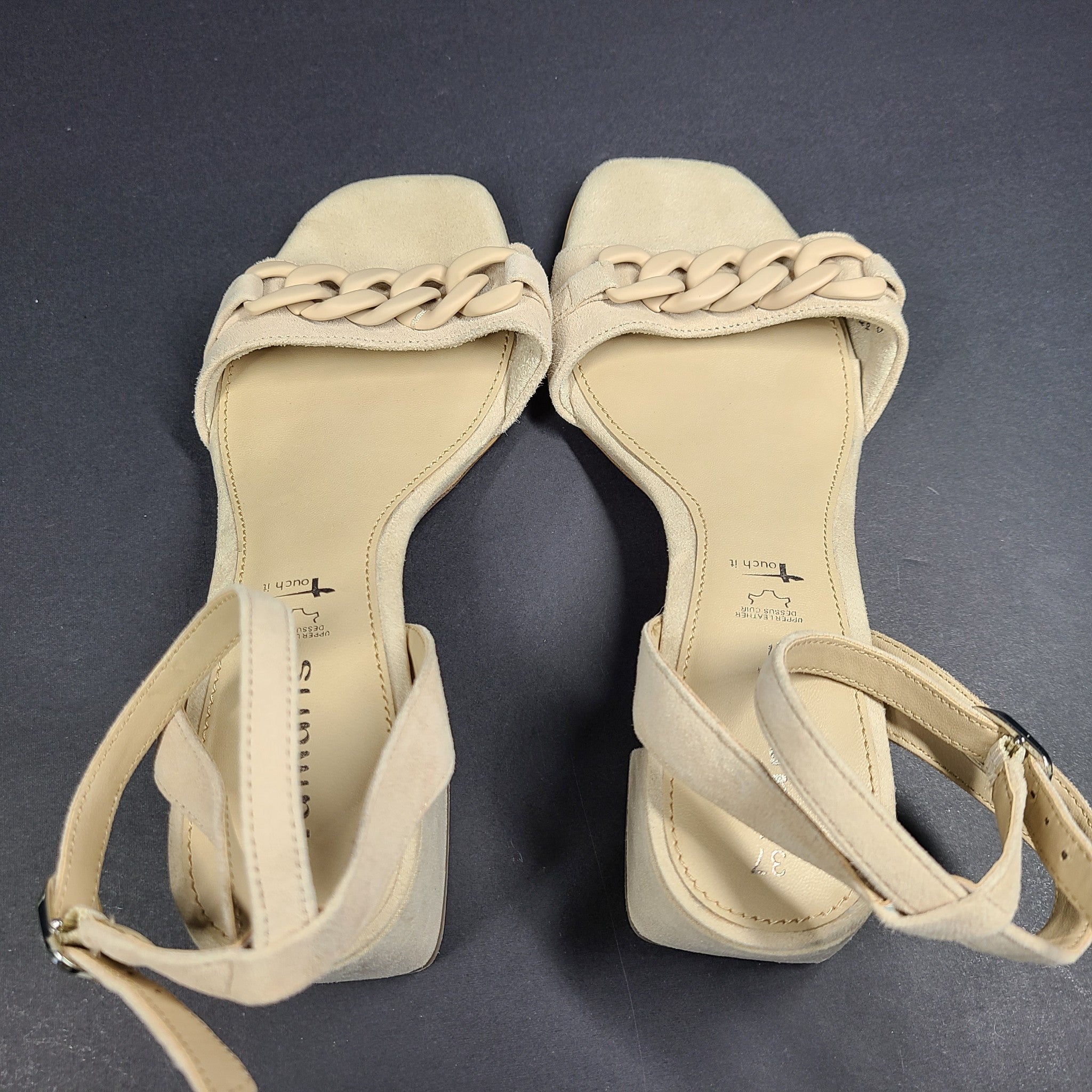 Tamaris Leather Heeled Open Toe Sandals w Chain Detail Beige Sz 6