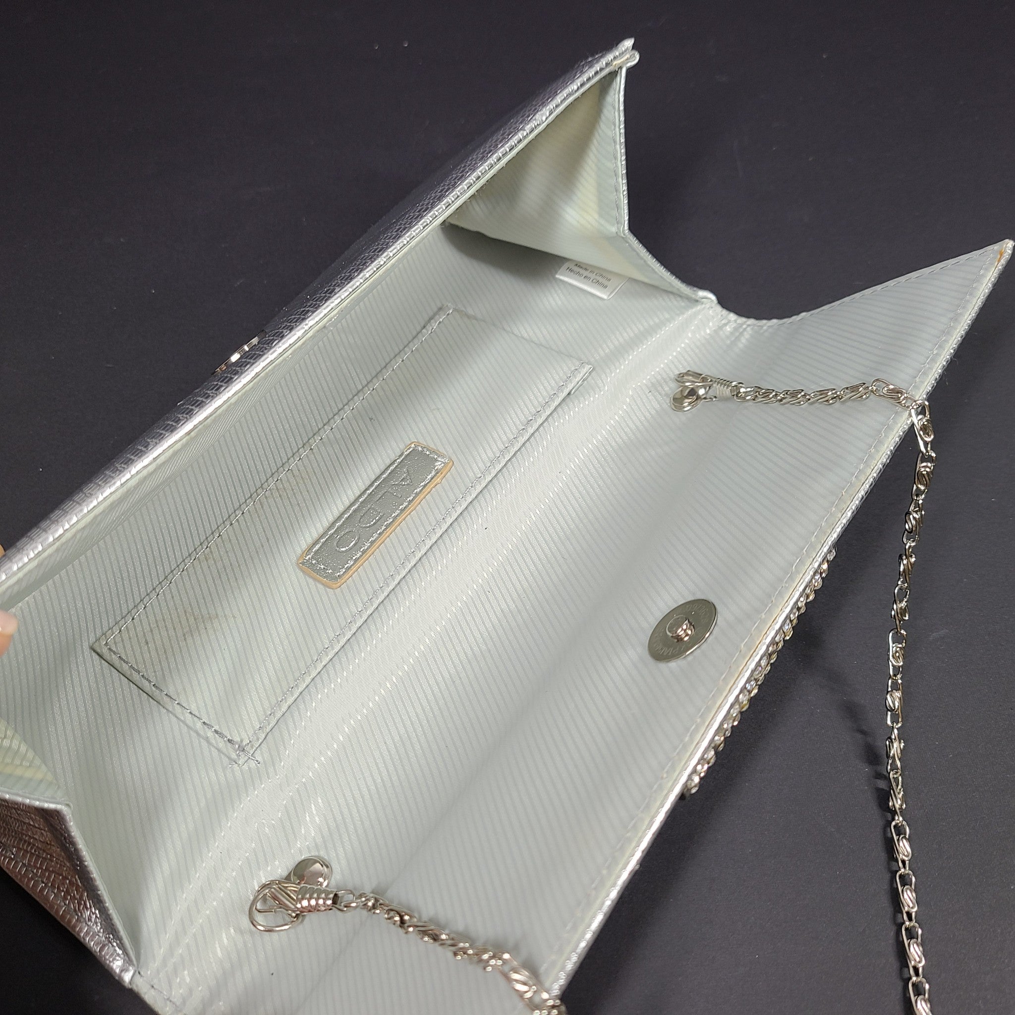 Aldo Women's Silver Baguette Clutch Evening Bag Purse w/ Shoulder Strap
