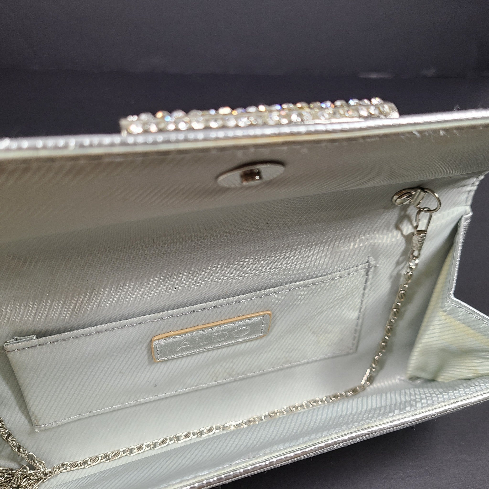 Aldo Women's Silver Baguette Clutch Evening Bag Purse w/ Shoulder Strap