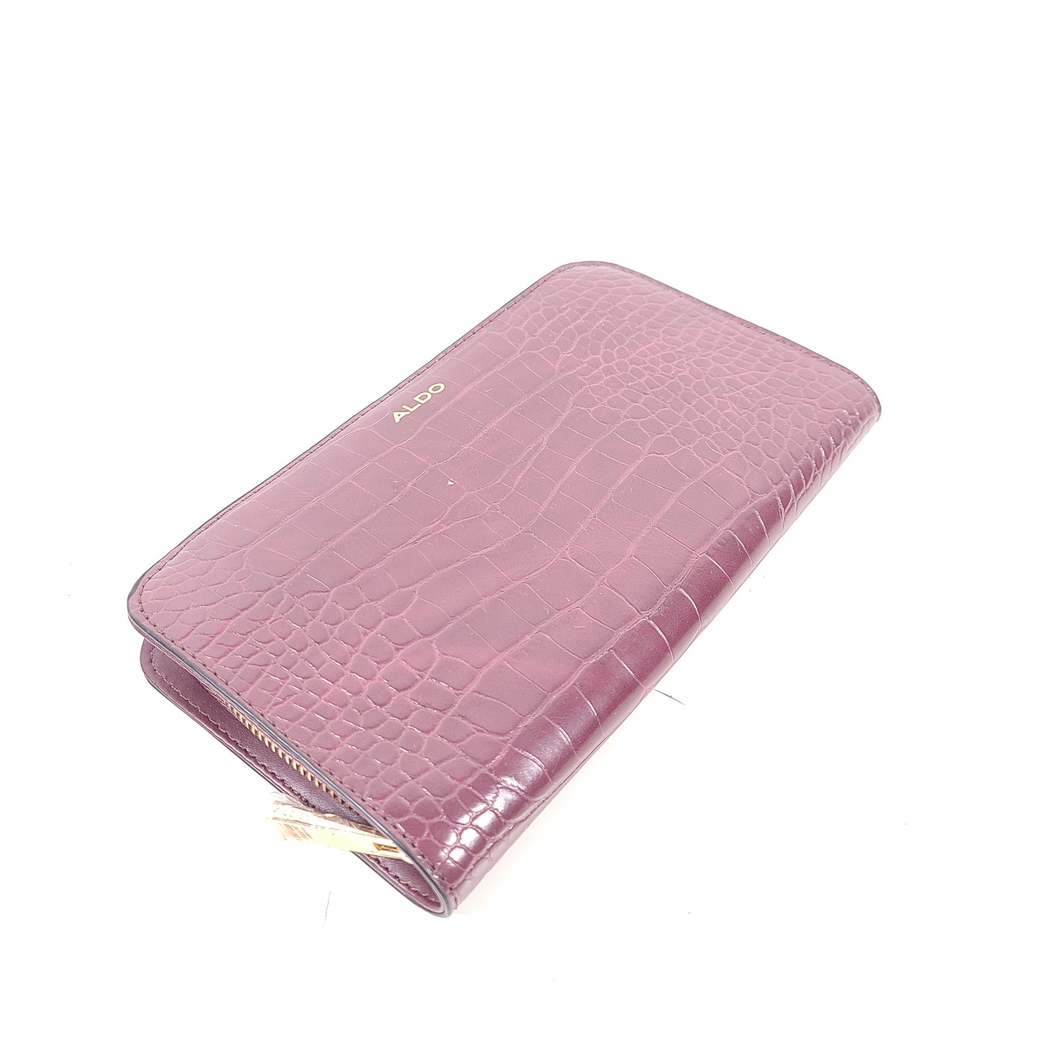 Aldo Silencer Clutch Wallet Burgundy Faux Alligator Leather