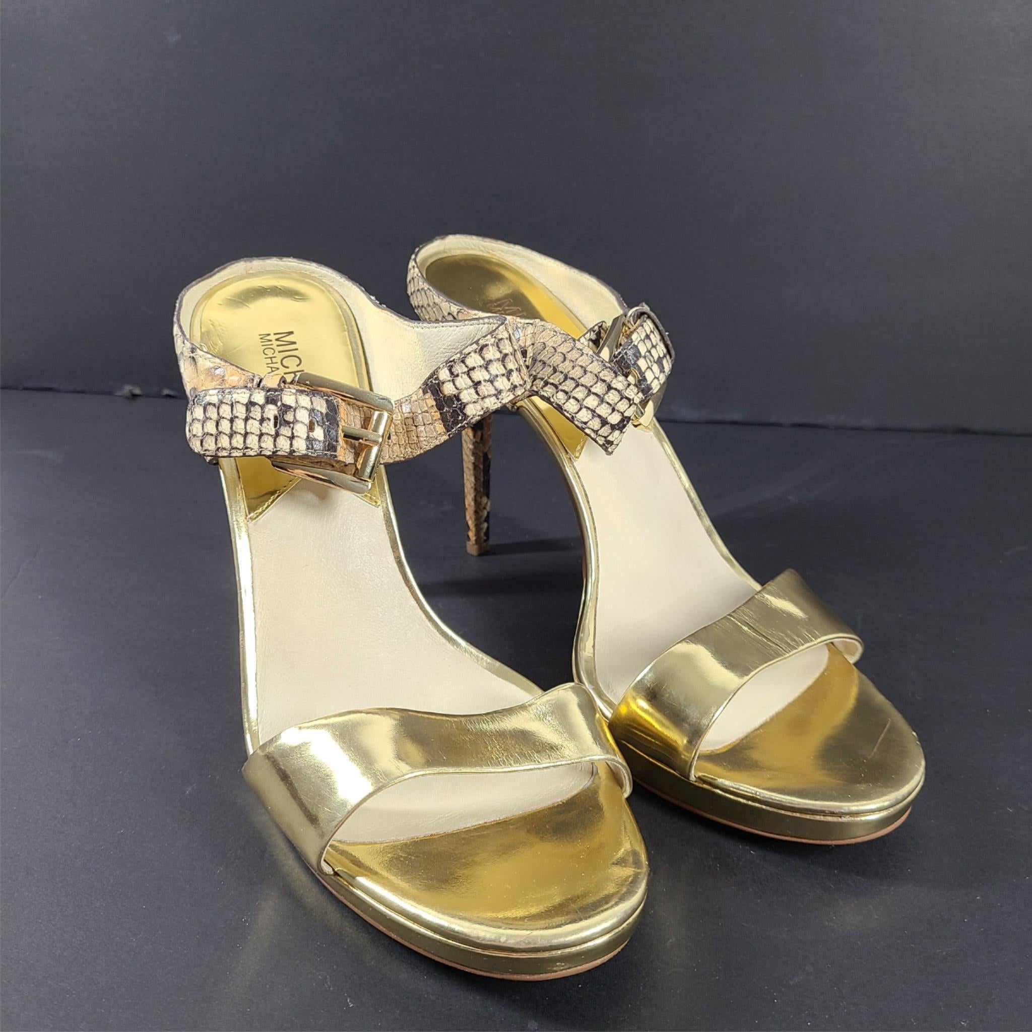 Michael Kors Beverly Mule High Heel Sandals Gold Snakeskin Sz 9.5