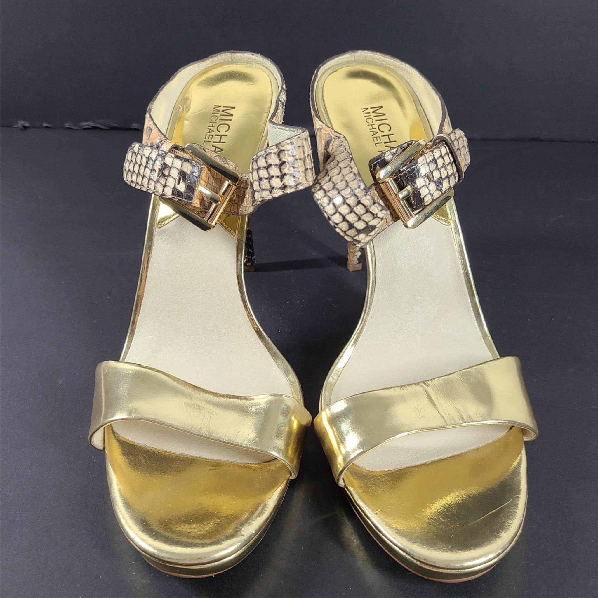 Michael Kors Beverly Mule High Heel Sandals Gold Snakeskin Sz 9.5