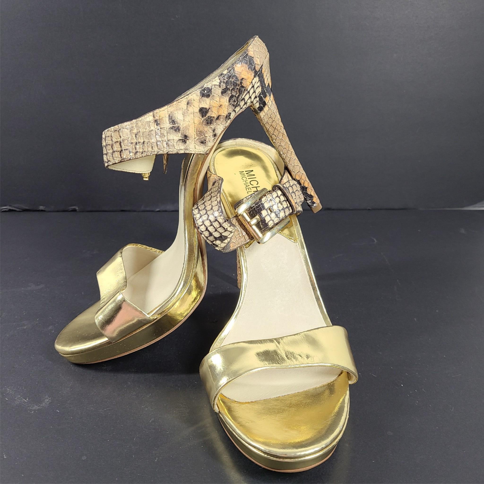Michael Kors Beverly Mule High Heel Sandals Gold Snakeskin Sz 9.5