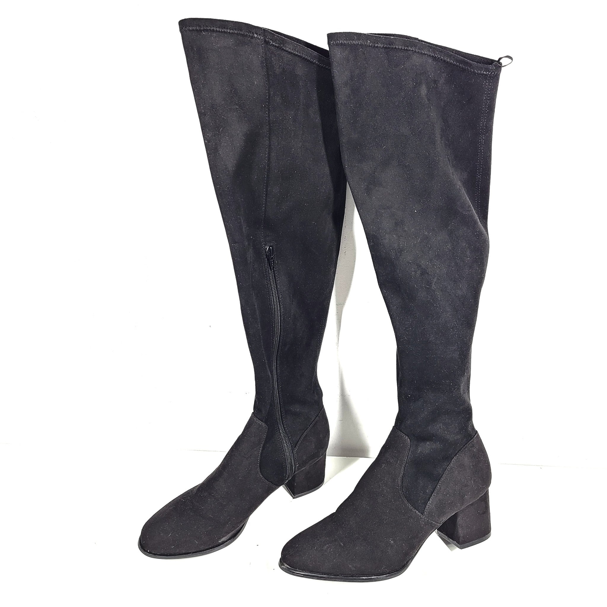 H&M Women's Over the Knee Block Heel Boots Faux Suede Black Sz 8