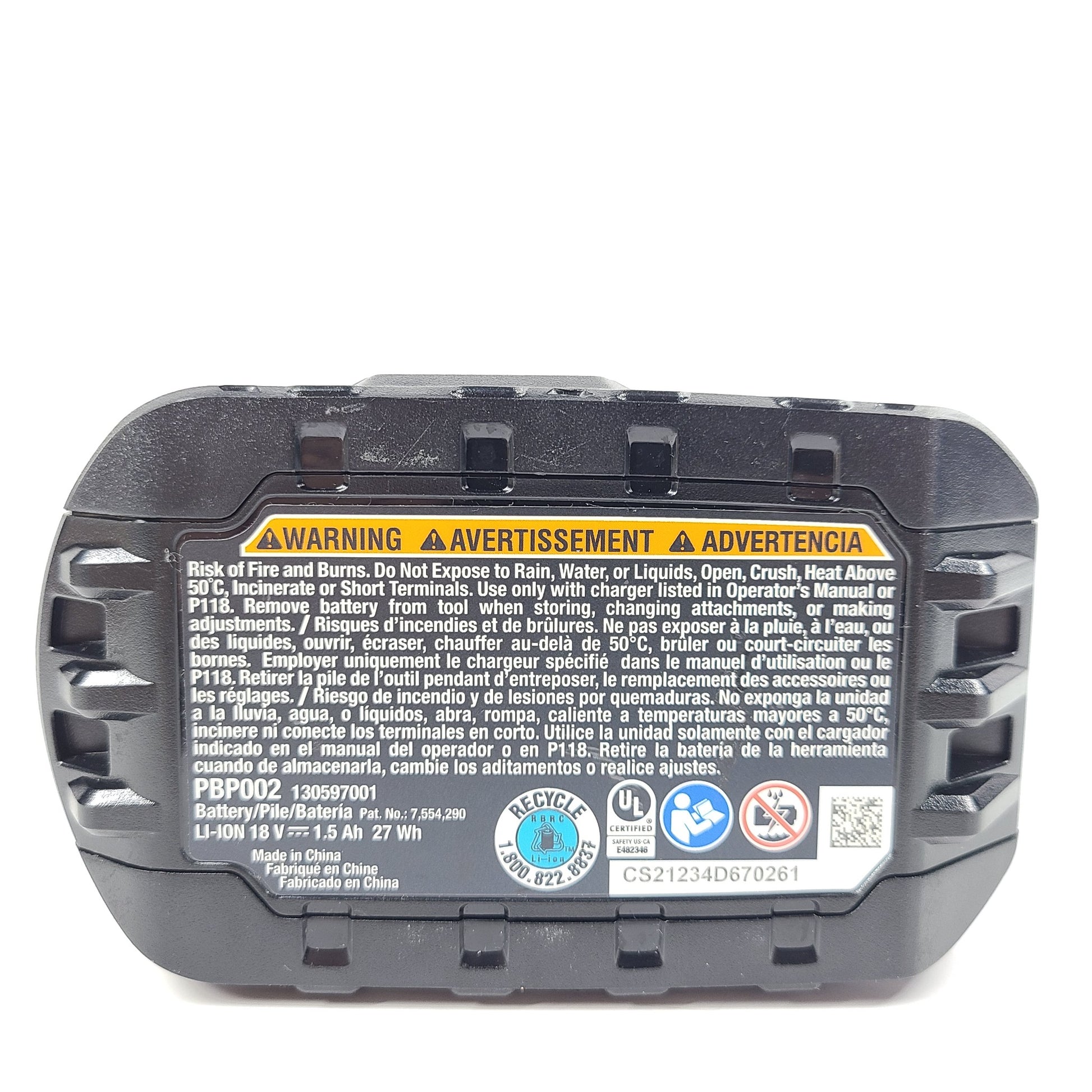 Battery pack with warning label on a white background