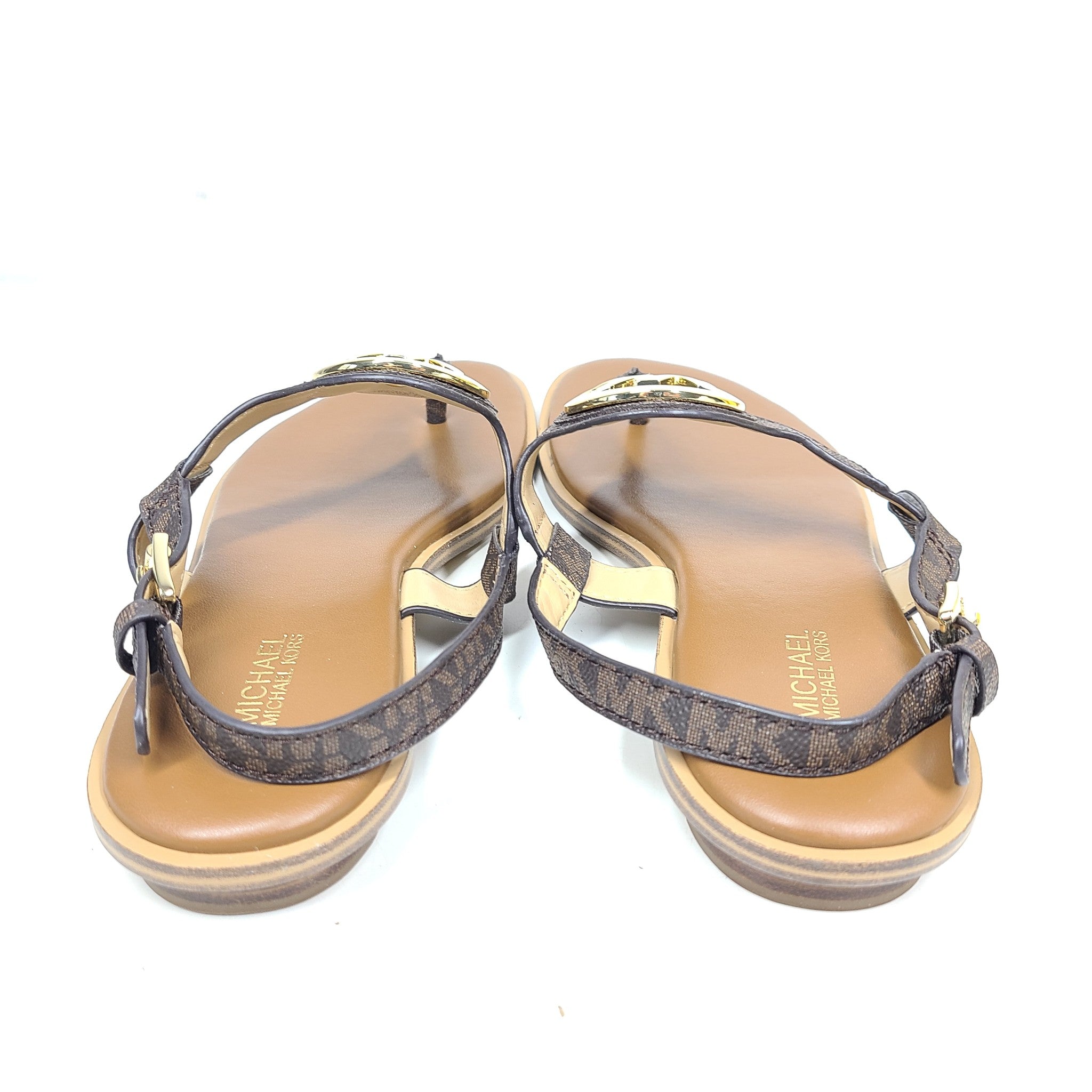 Michael Kors Aubrey Charm T-Strap Thong Sandals Coated Canvas Brown Gold Sz 7.5