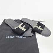 Tom Ford TF Logo Sandals Slides Black Leather Microsuede US 7.5