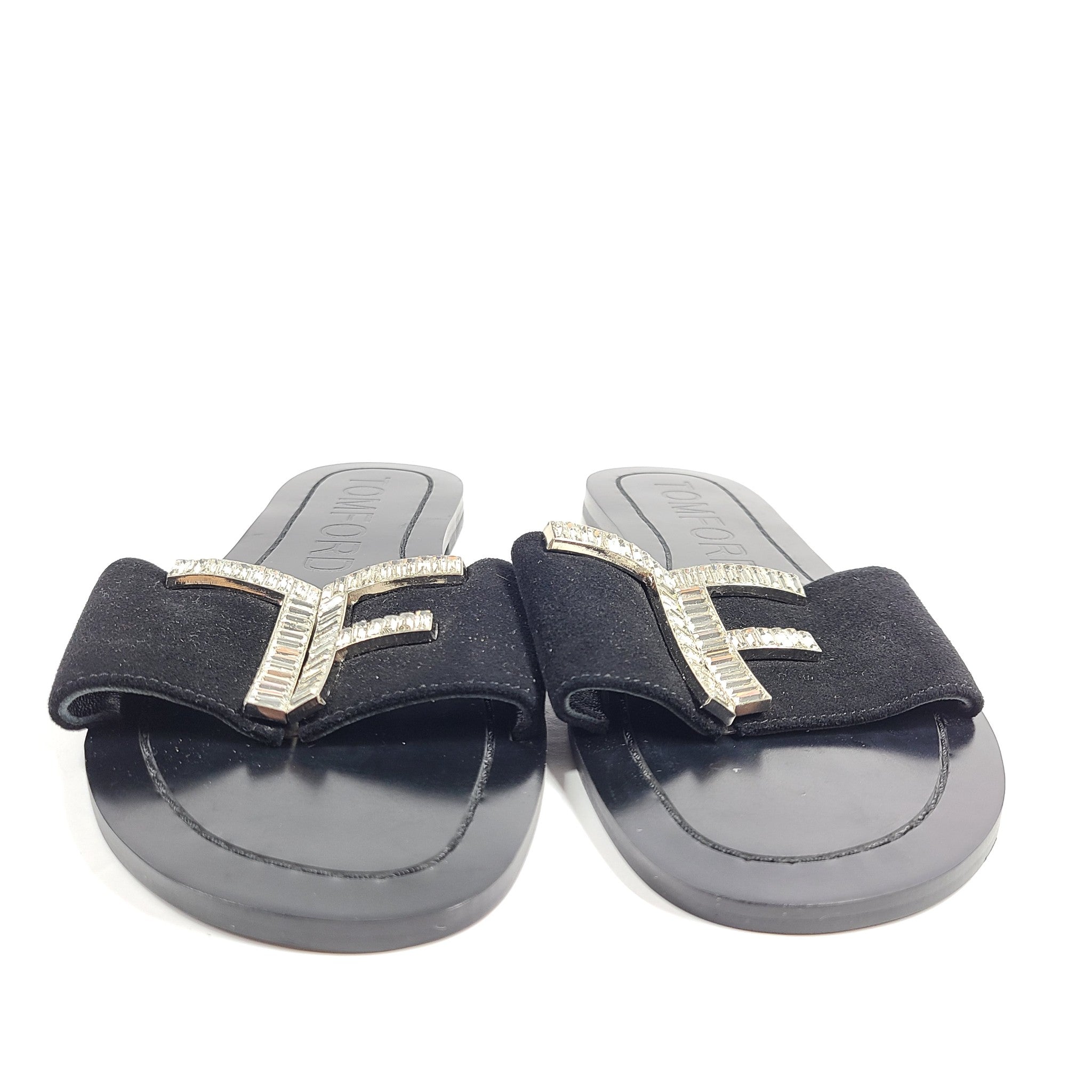 Tom Ford TF Logo Sandals Slides Black Leather Microsuede US 7.5