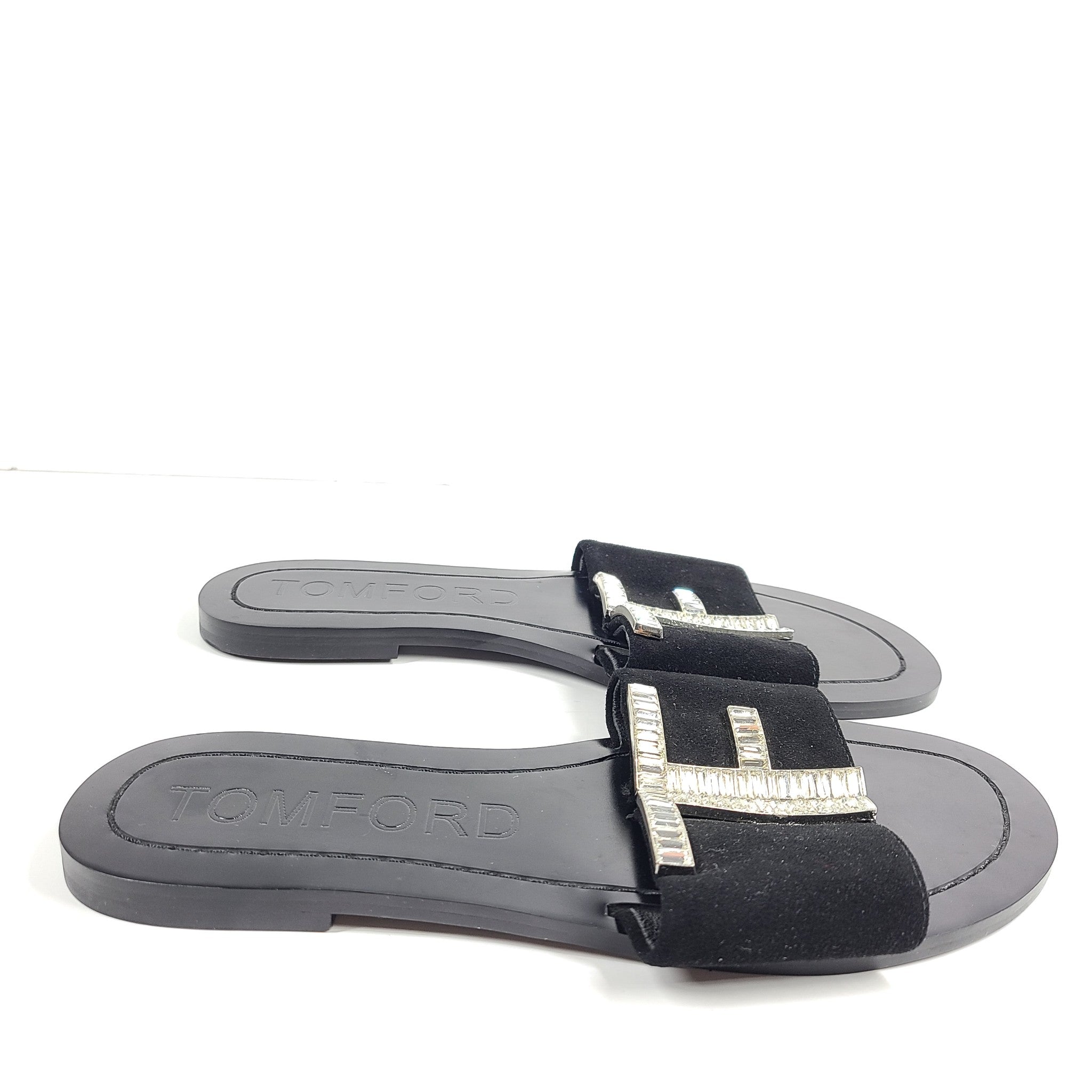 Tom Ford TF Logo Sandals Slides Black Leather Microsuede US 7.5