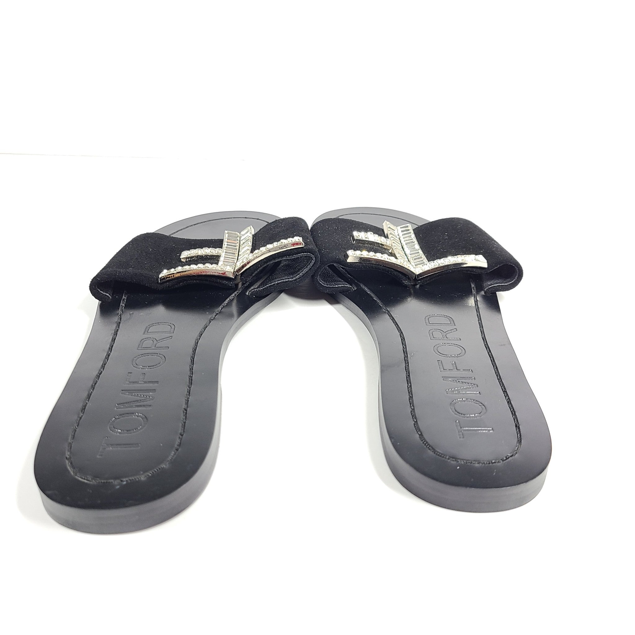 Tom Ford TF Logo Sandals Slides Black Leather Microsuede US 7.5